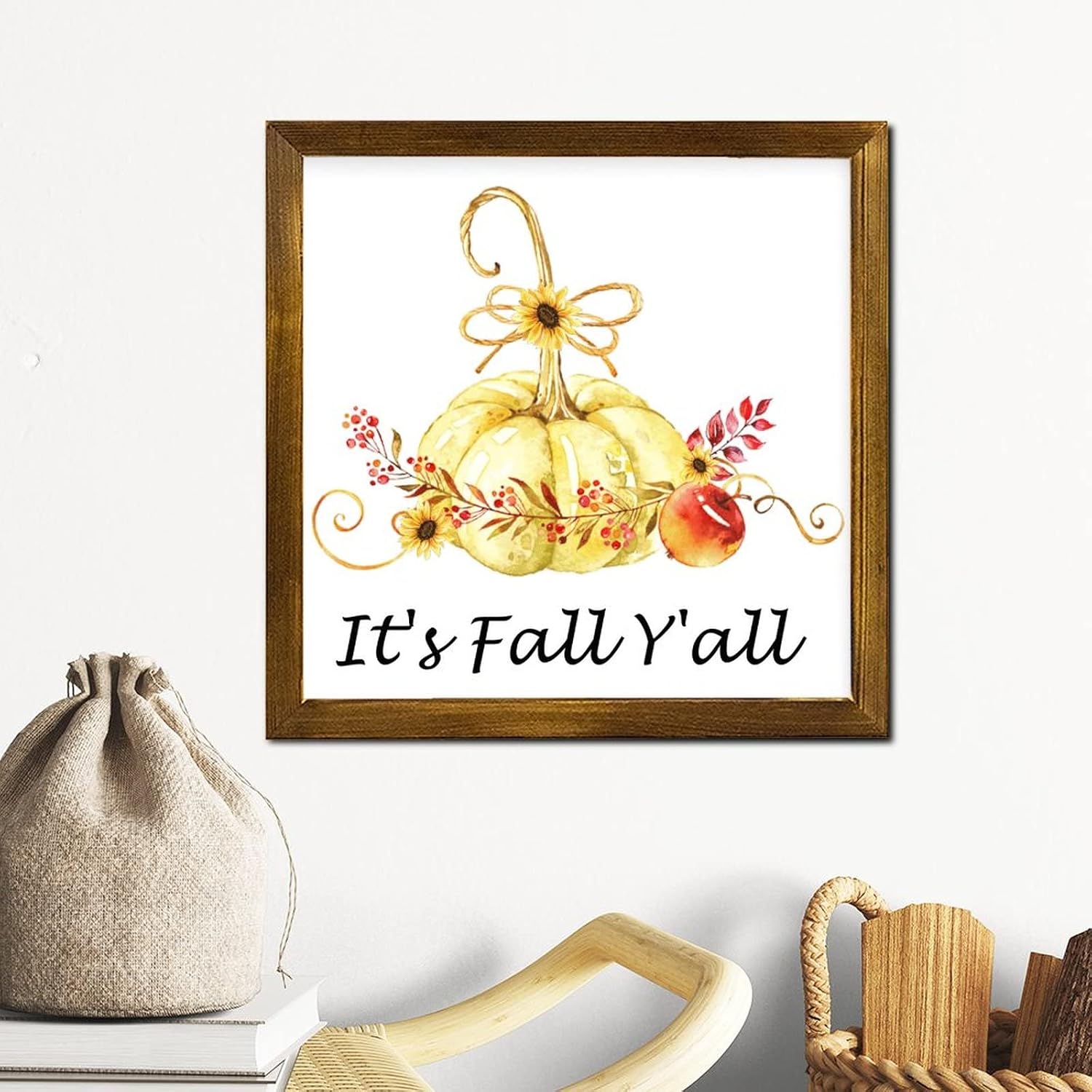 It's Fall Y'all Pumpkin Wreath Framed Wooden Signs Maple Leaves Wood Hanging Sign Classic Harvest Thanksgiving Wall Decor Hanging Plaque Sign for Grandpa Papa Dad Boyfriend Teacher 12x12 inch