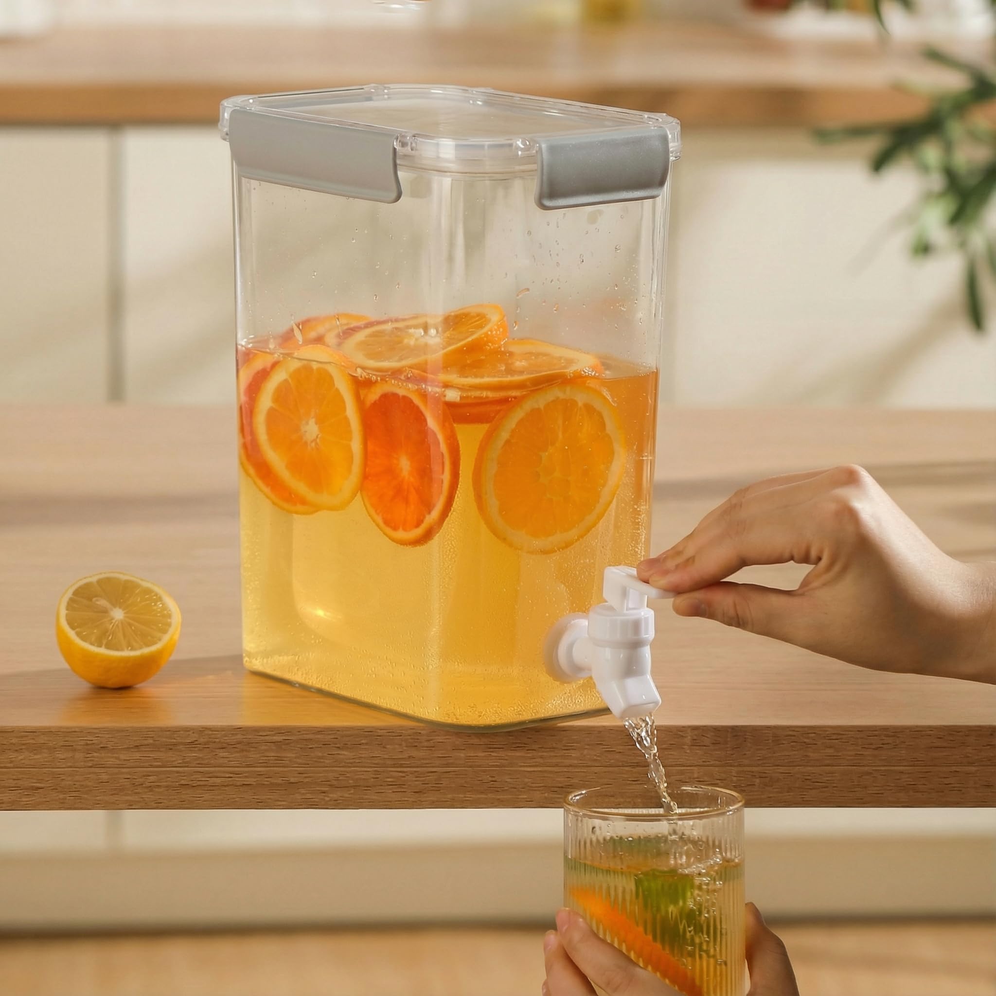 Elsjoy Plastikowy dozownik na napoje z czopem, 3,5 l, pojemnik na zimne napoje, na mrożoną herbatę, lemoniadę, lodówkę, bar, imprezę, zamykana pokrywa