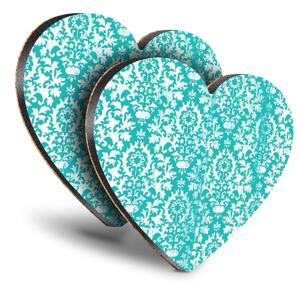 Destination Vinyl Ltd Multicolor Great Coasters (Set Of 2) Heart - Aqua Teal Green Vintage Damask Pattern Drink Glossy Coasters/Tabletop Protection For Any Table Type #44130