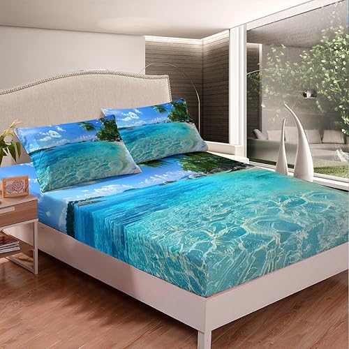 Miniatura 3 de Juego de ropa de cama de 2 piezas con diseño de océano, ropa de cama de playa de verano, estilo hawaiano, diseño de palmeras, naturaleza tropical,