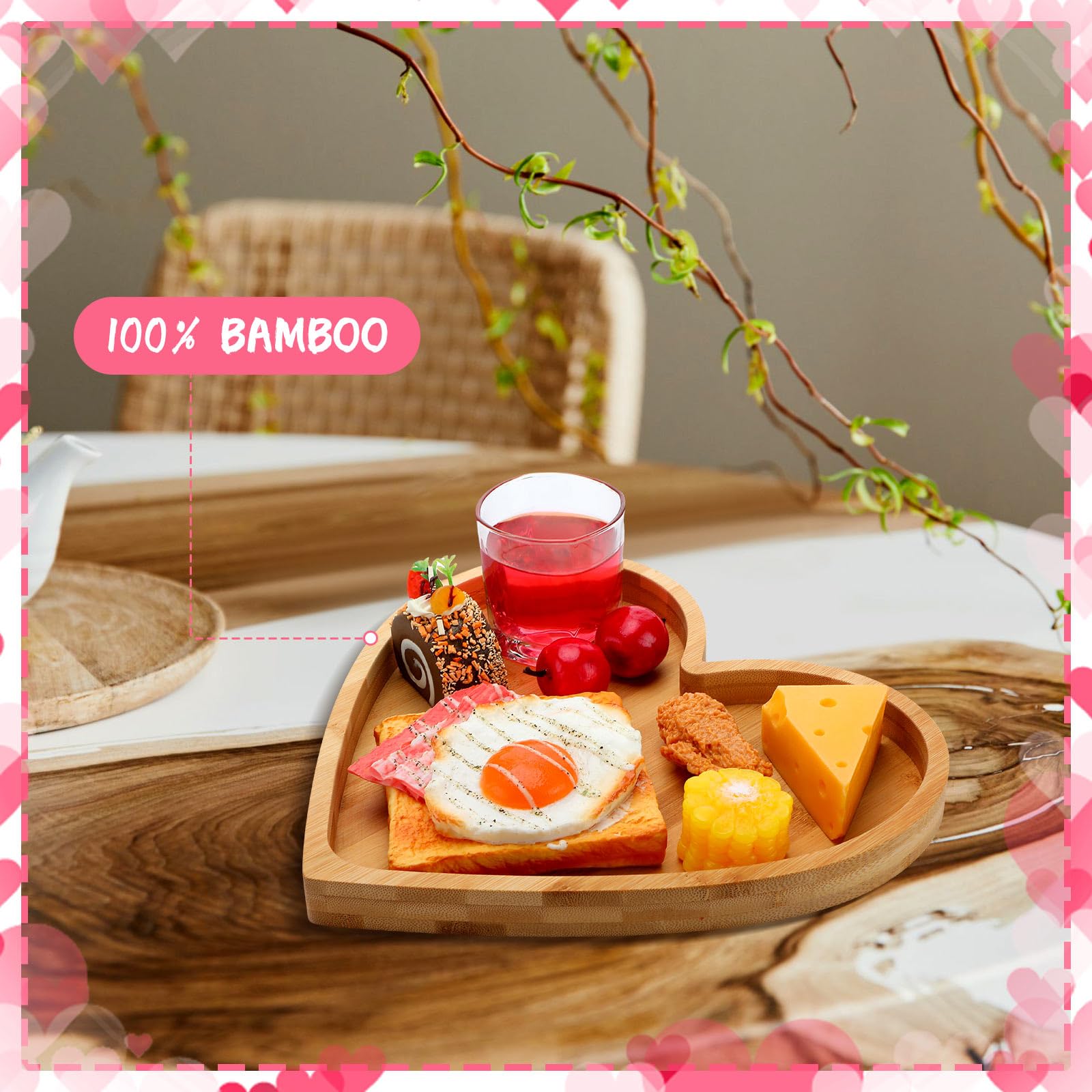 Teling Lot de 2 plateaux de service en bambou avec 5 rainures, planche à charcuterie, à bonbons, cadeaux pour le printemps, les vacances, les fêtes d'anniversaire, 25,4 à 27,9 cm (cœur)
