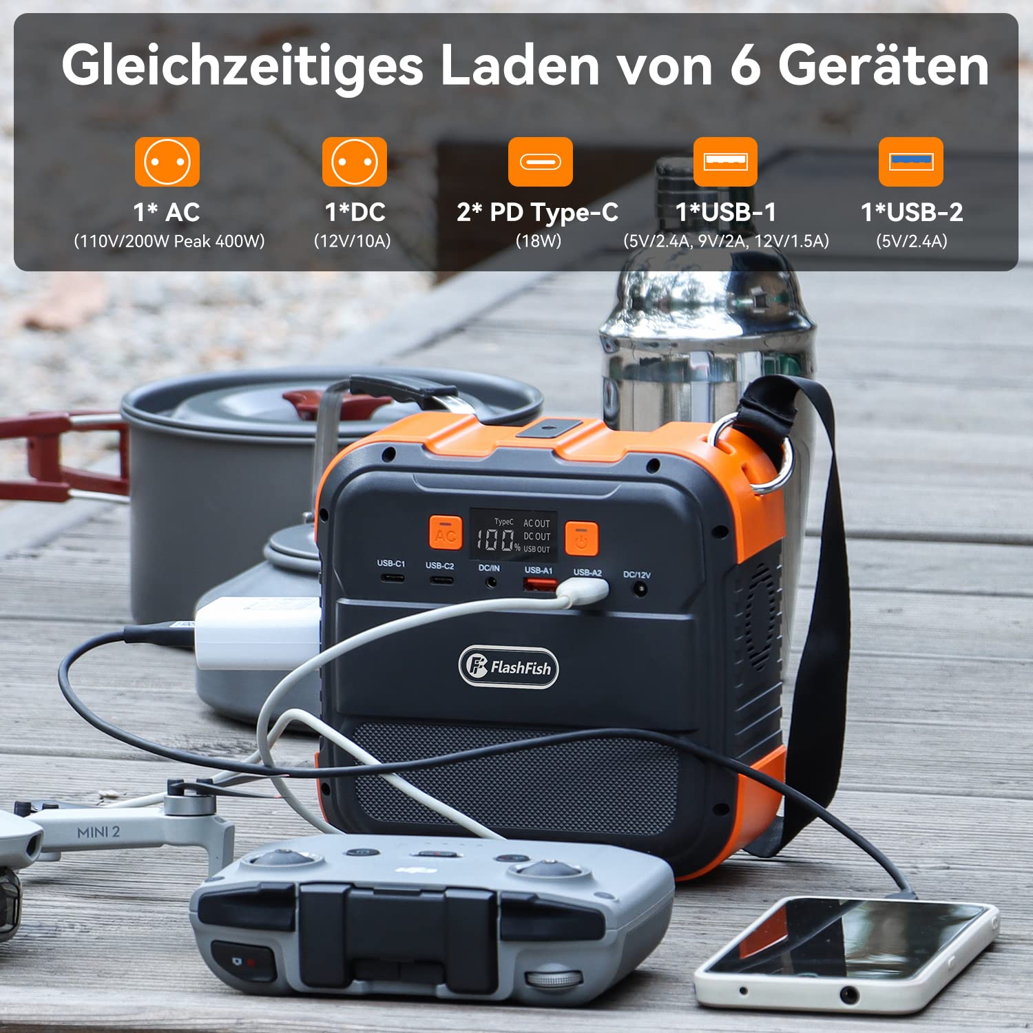 FlashFish Powerstation 98Wh 120W Solargenerator Akku mit 230V AC | Tragbare Solar generator mit Typ-C, USB, LED Licht – mobiler Stromgenerator für Camping, Reisen, Stromausfälle