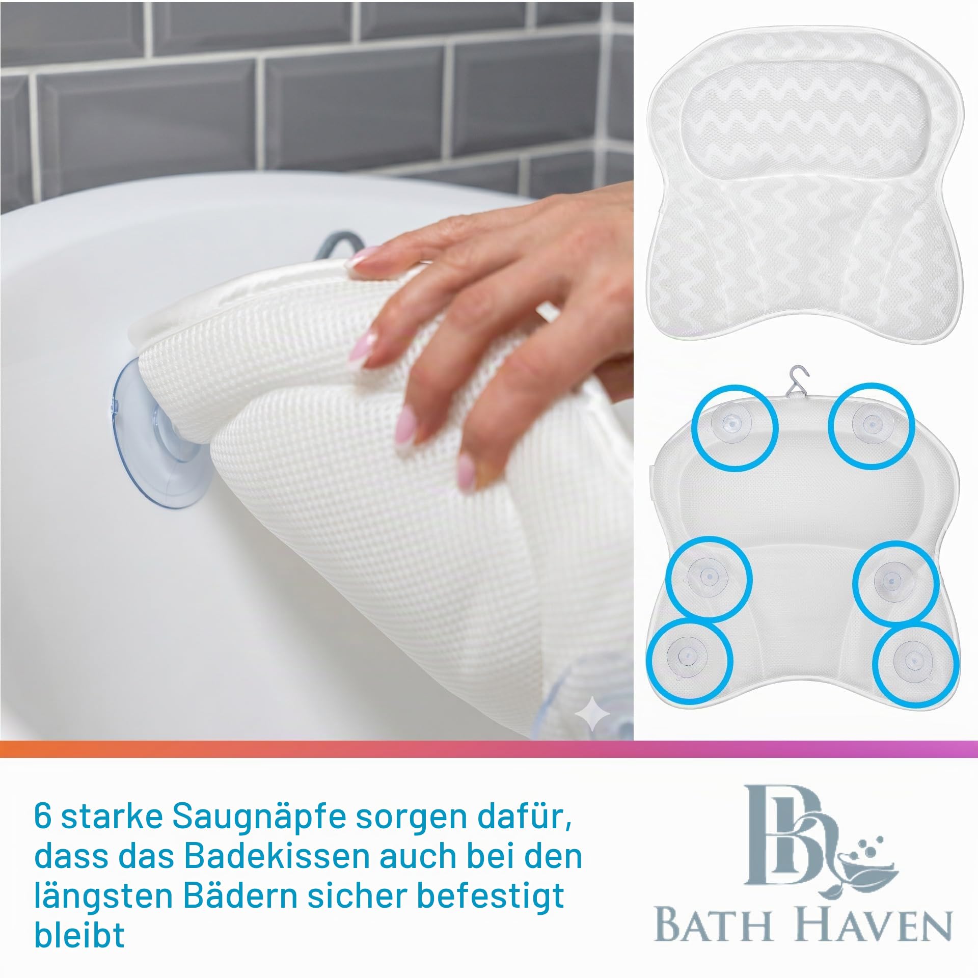 Bath Haven Badewannenkissen Luxuriöses Nackenkissen Badewanne, Wannenkissen - Schnell Trocknendes Badekopfkissen, Maschinenwaschbar - Inklusive Waschbeutel Und Reisetasche – Weiß Flucht