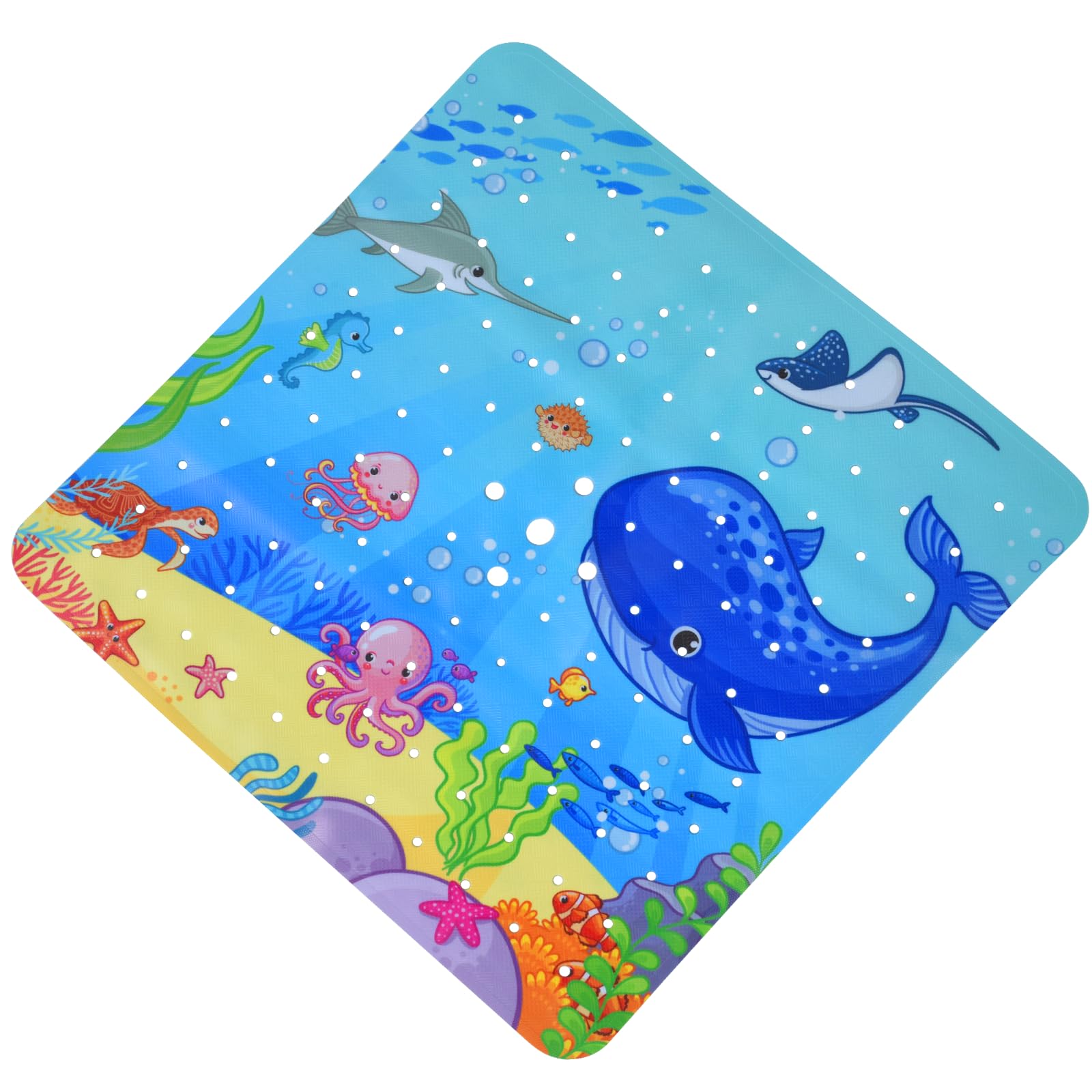 OTraki Baby Bath Mats Non Slip, 53x53cm Cartoon Shower Mat Marine Animal World Bathtub Mat with Suction Cups Drain Holes Machine Washable Kids Bath Mat for Bathroom &Tub