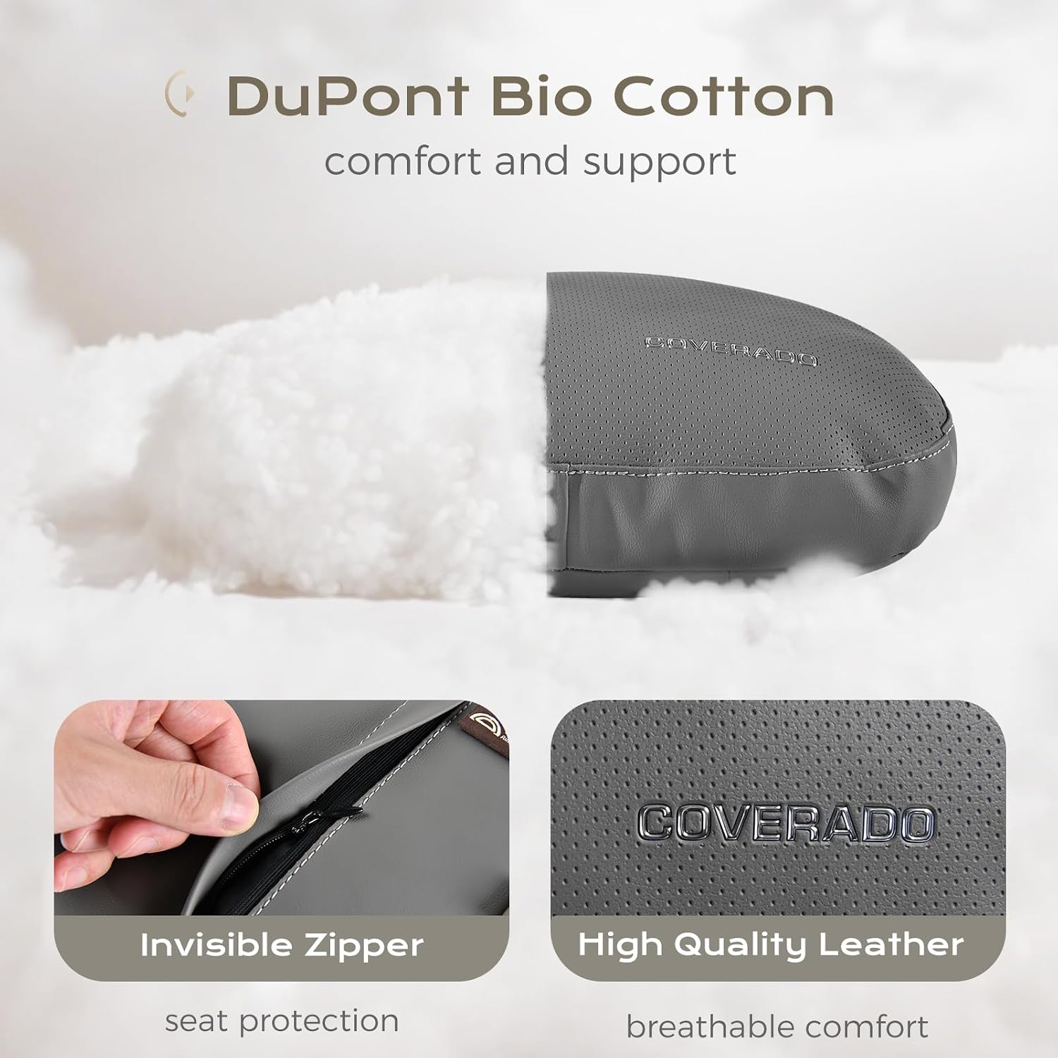 Coverado Leather Car Headrest Pillow Car Neck Pillow with Adjustable Strap, Head Support Rest Driver Relax Head Muscles Relieve Driving Fatigue, Breathable & Removable Cover, Gray
