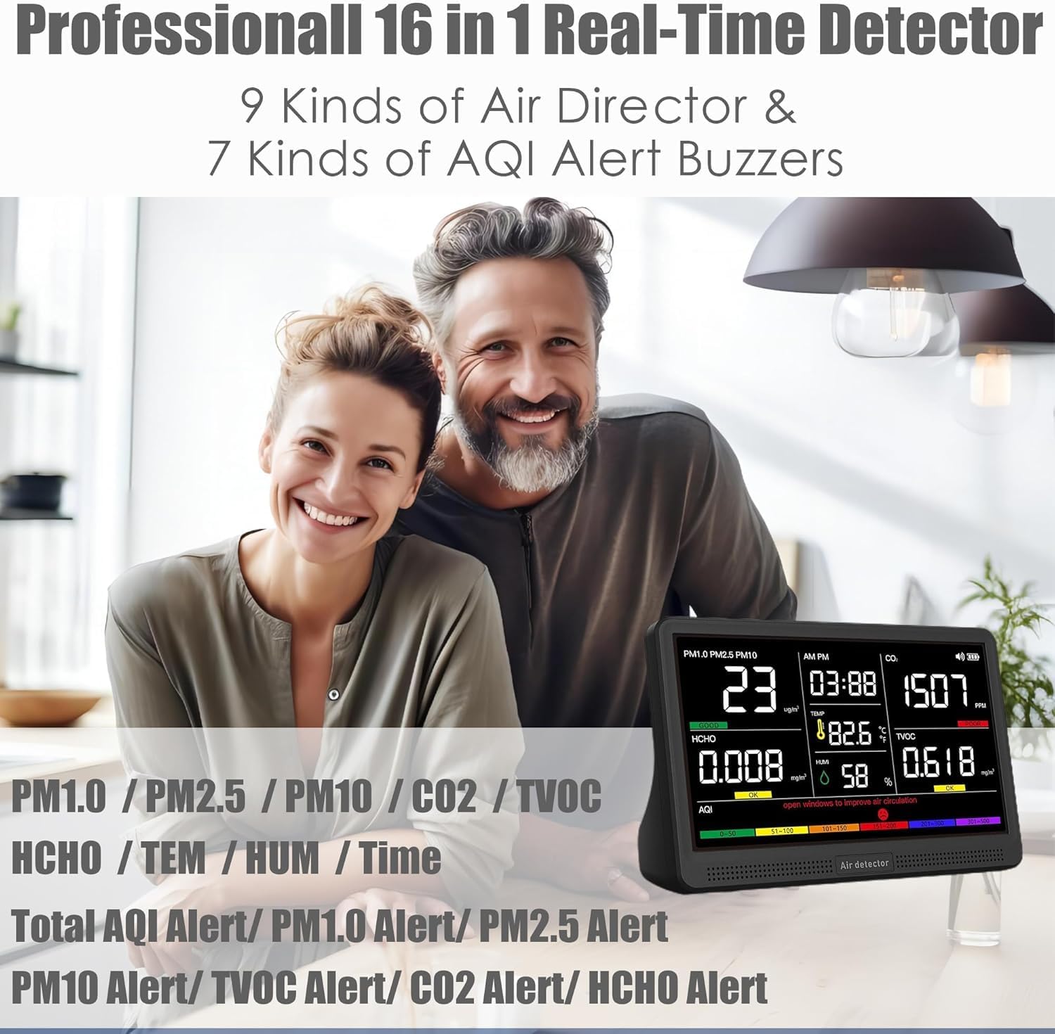 Professional Indoor Air Quality Monitor with 7X AQI Beep Alarms,16 in 1 Portable Real-Time Detector for PM2.5 | PM10 | CO2 | TVOC | HCHO | Temp | Hum for Home Cars Plants Pets (Dark Black)