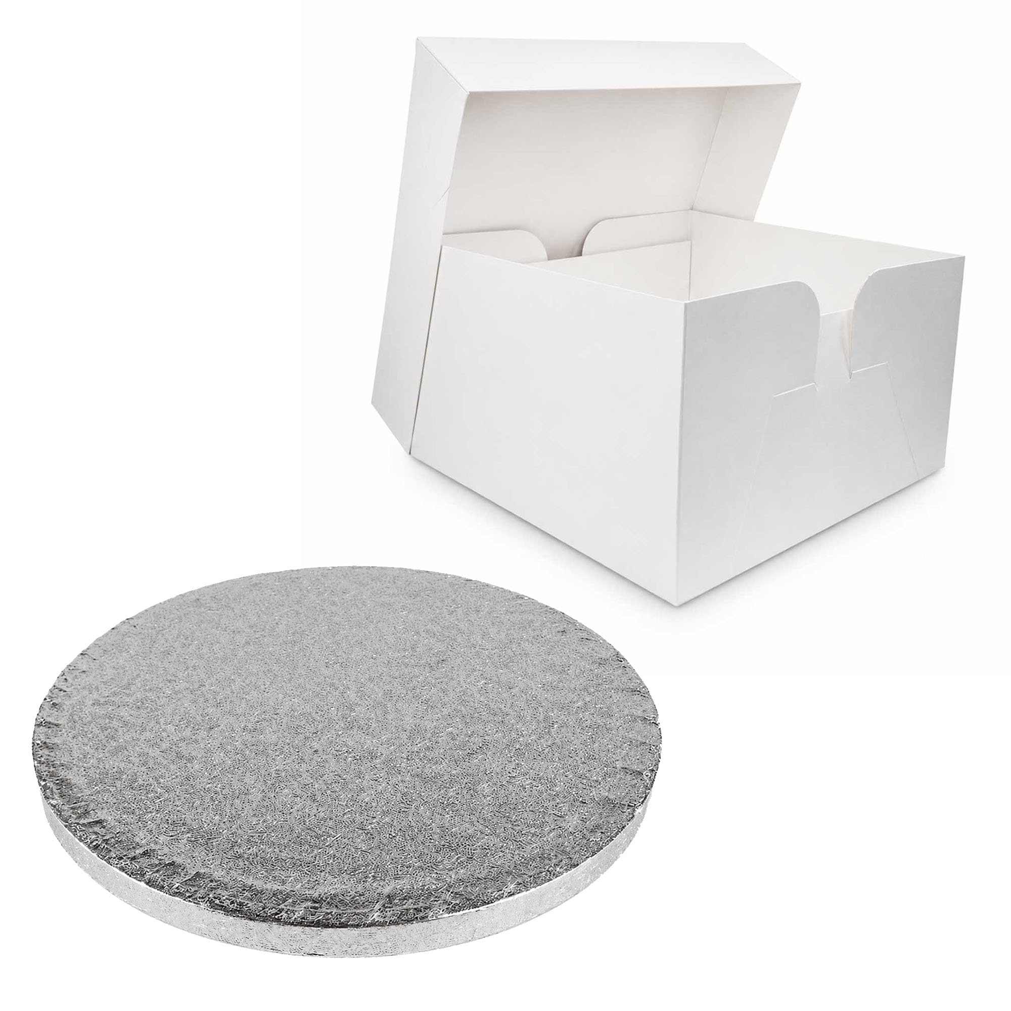 LARRYROO Single White Cake Box and Silver Round Board Pack - Thick Drum for Wedding, Party etc (16 Inches)