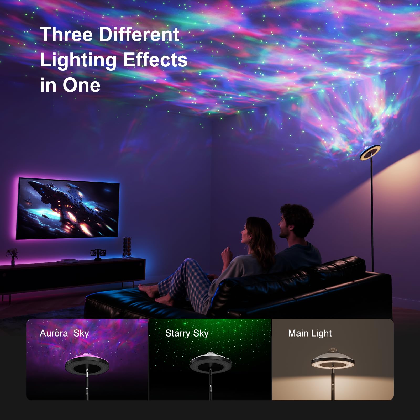 DUSKTEC Lámpara de Pie LED Inteligente para Salón | Proyector de Estrellas y Luz de Lectura | Regulable con Mando a Distancia y Temporizador | Lámpara de Pie para Dormitorio Infantil y Oficina