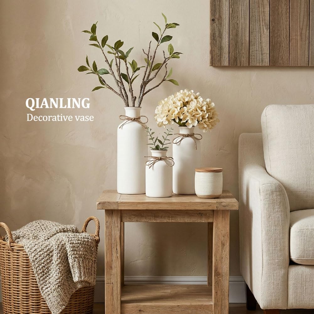 Keramikvasen-Set in Weiß, 3 kleine Vasen, minimalistische Boho-Deko, modern, Landhausstil, Mittelstücke fürs Wohnzimmer, Eingangsbereich, Bücherregal, Kaminsims und Regaldekoration