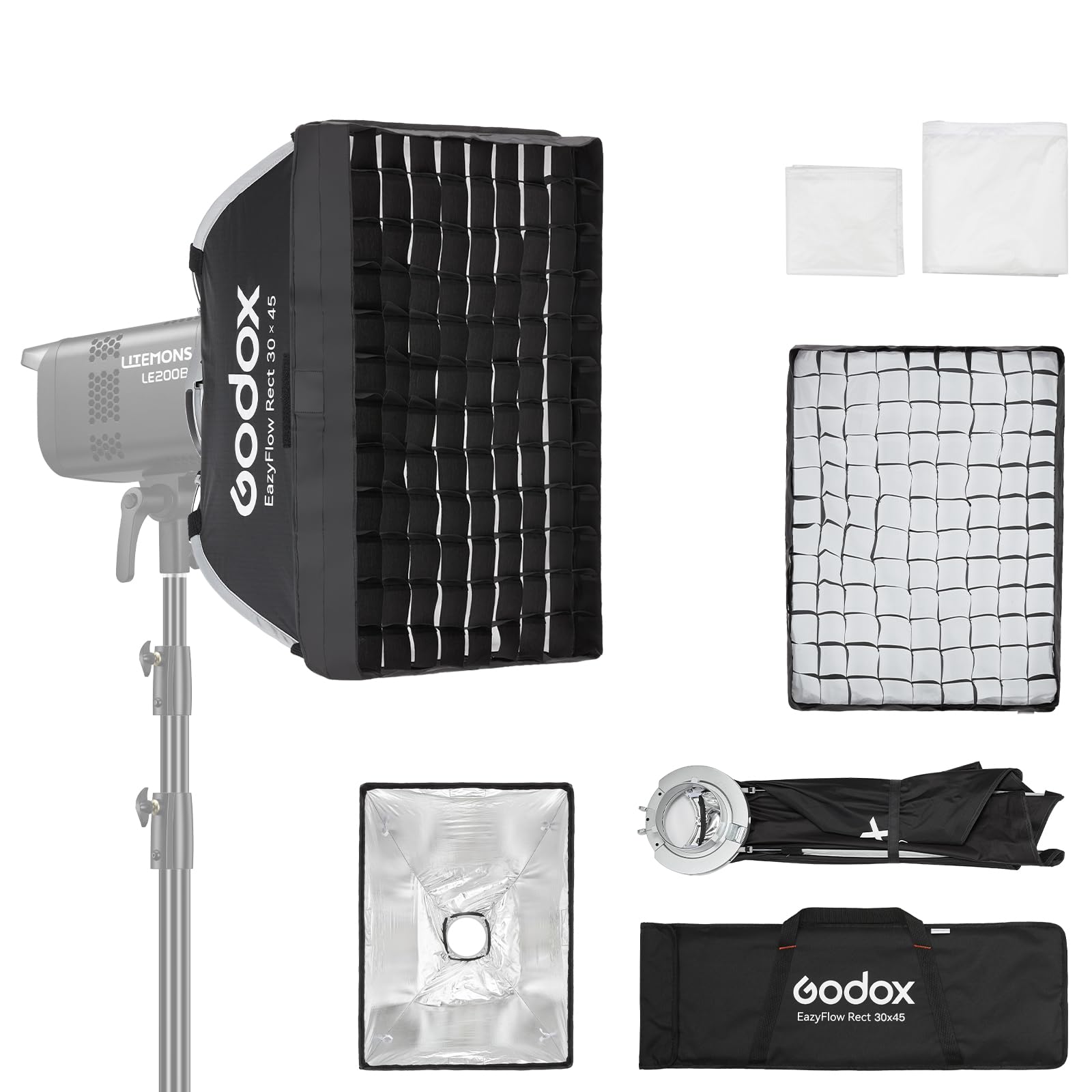 Godox EazyFlow Rect 30 x 45 cm Caja de luz rectangular con difusor, rejilla y bolsa de transporte, conector Bowens, fácil de montar, portátil, para LE200BI/LE300BI/SK400/MS300/AD600.