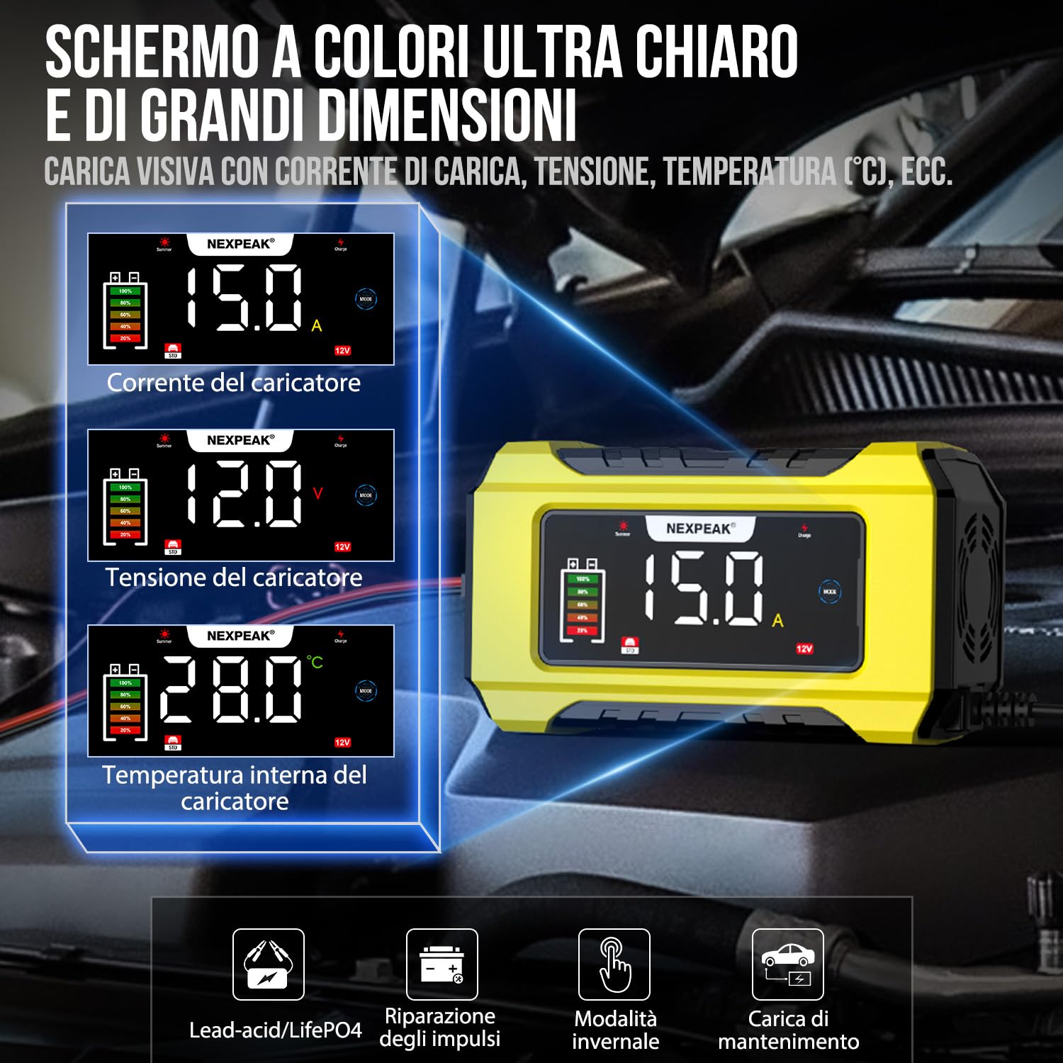 15A Caricabatterie per Auto, NEXPEAK 12V 15A/24V 8A Caricabatterie Intelligente con Compensazione Della Temperatura per Auto, AGM, Gel, Wet, SLA per Batterie Piombo-acido e LiFePO4