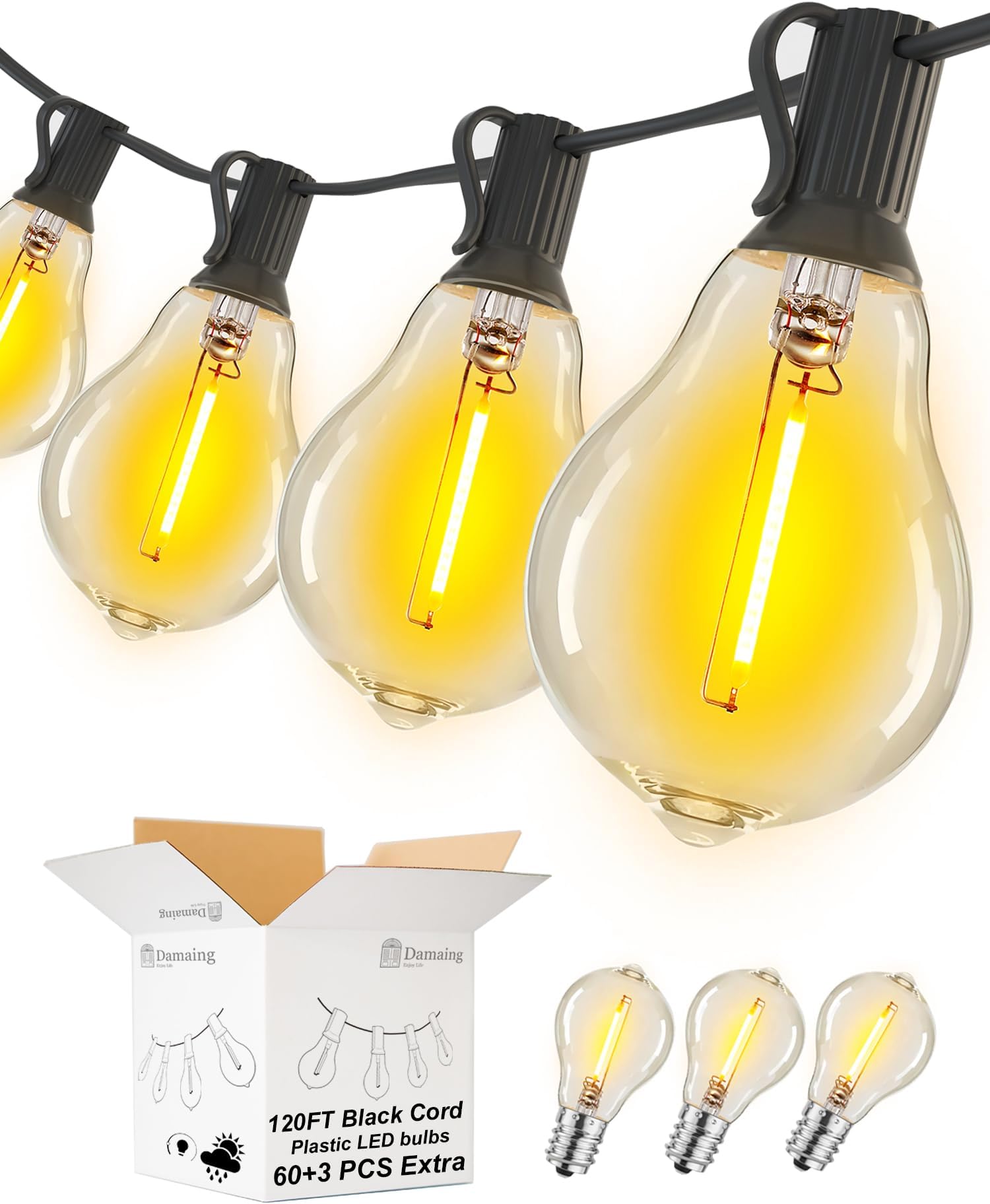 DAMAING Outdoor String Lights 120FT Waterproof Patio String Lights with 63 Shatterproof Dimmable A39 LED Bulbs, Connectable Outdoor Lighting for Backyard Porch Bistro and Balcony 2200K Black Cord