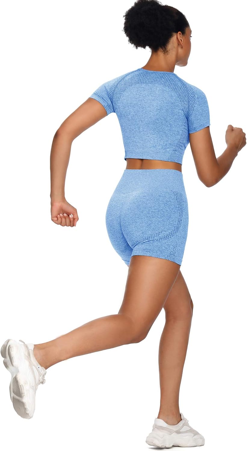 Women Seamless Yoga Outfits 2 Piece Set Workout Gym Shorts + Short Sleeve Crop Top - Image 4