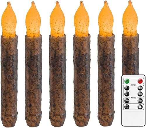 Velas primitivas de cera real de 6.5 pulgadas, sumergidas a mano, rústicas, sin llama, con temporizador remoto para cocina vintage del hogar, sala