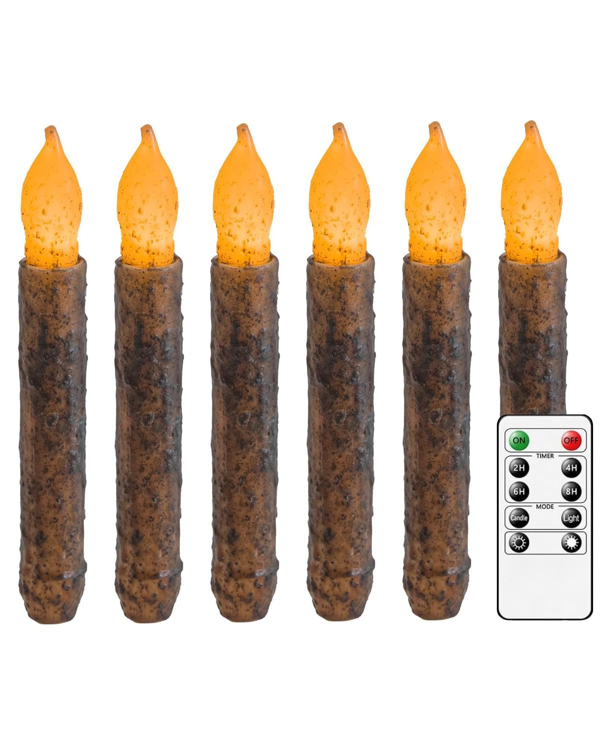 ONEIHOMM 6.5'' Real Wax Primitive Candles Hand Dipped Rustic Flameless Taper Candle with Timer Remote for Vintage Home Kitchen, Country Room,