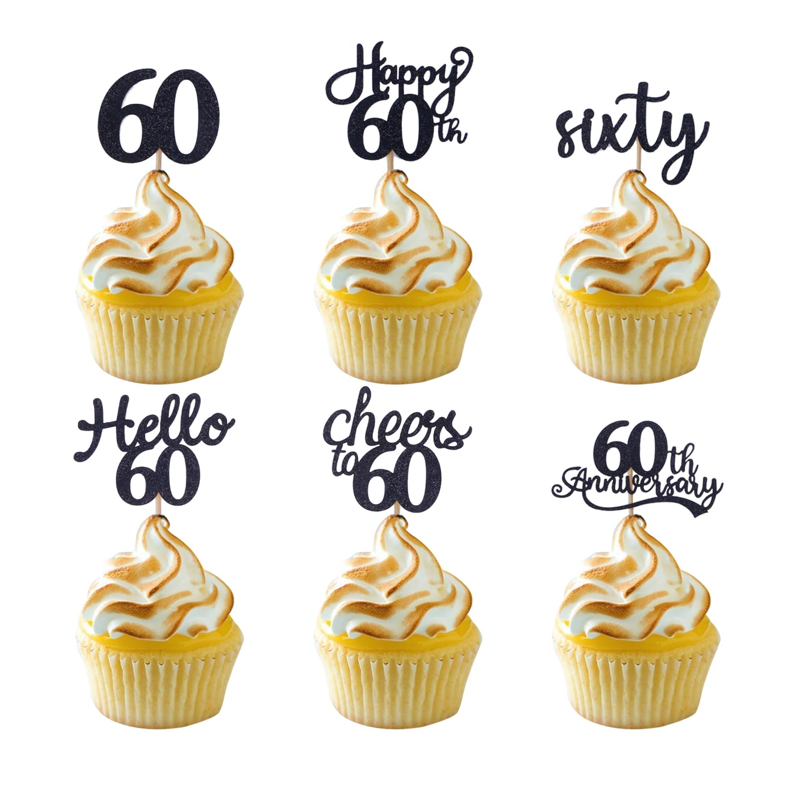 Wolpark 60th Birthday Cake Topper Black Glitter Sixty 60th Birthday Cupcake Toppers 24Pcs Cheers to 60 Years Cupcake Picks 60th Birthday Decorations for Men Woman Retirement Party Favors Anniversary