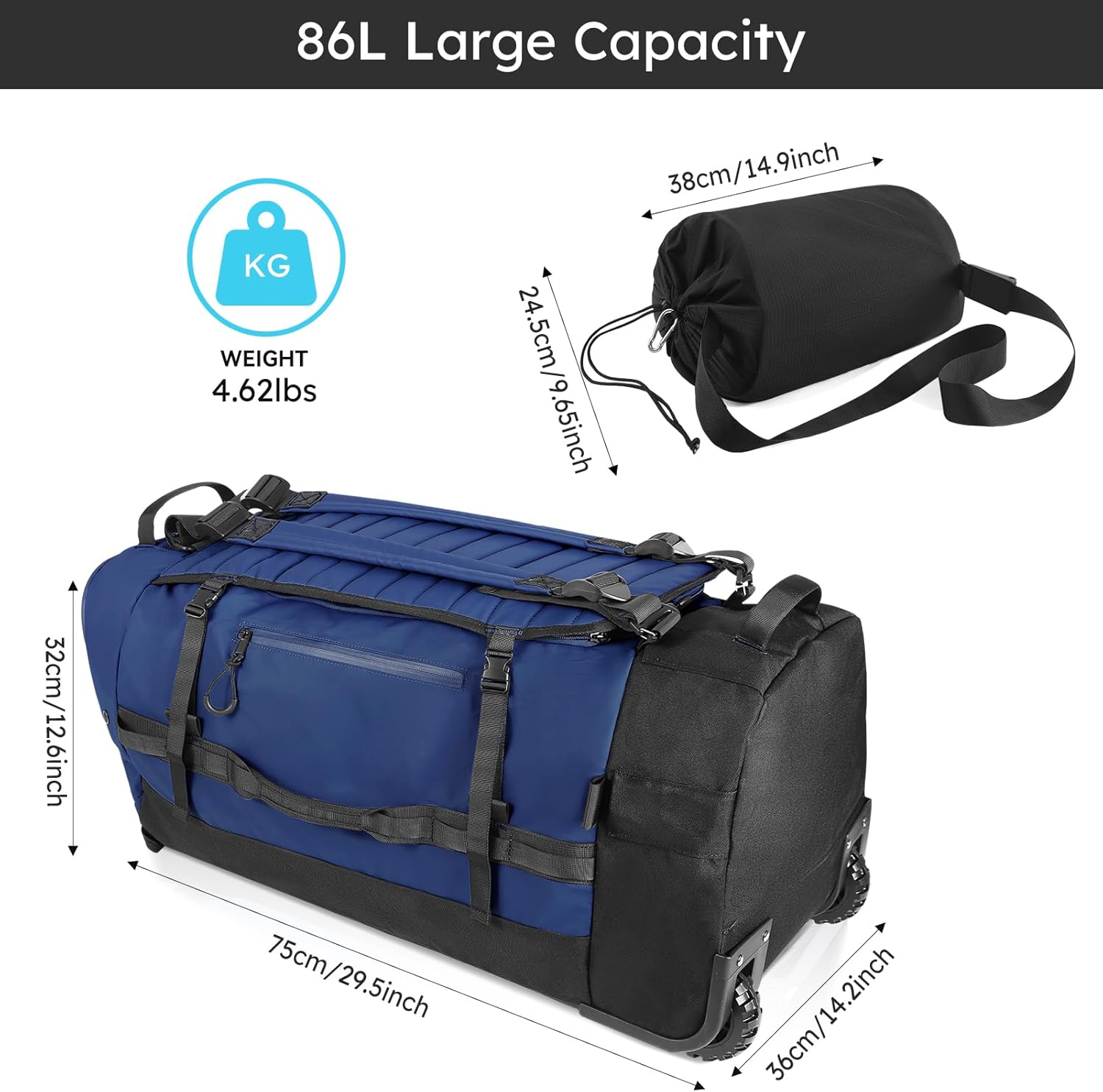 86L 30” Folding Duffle Backpack with 2 Wheels,Travel Bag with Separate Shoe Compartment,Navy Blue - Image 3