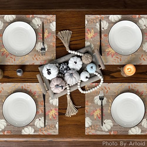 Miniatura 43 de Artoid Mode Juego de 6 manteles individuales de otoño con hojas de arce naranja y calabaza, 12 x 18 pulgadas, manteles individuales de temporada