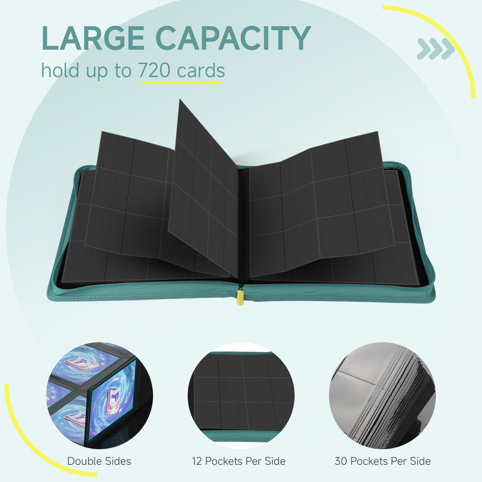 Carpeta para tarjetas con 12 bolsillos, álbum de tarjetas coleccionables para 720 tarjetas coleccionables, álbum de doble cara con cremallera, carpeta de tarjetas para MTG, TCG, tarjetas deportivas