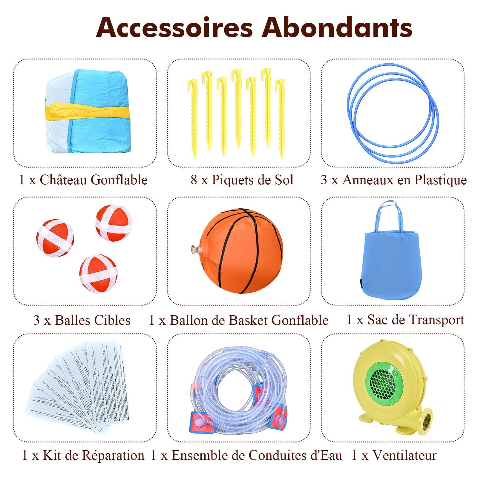 COSTWAY Château Gonflable 8 en 1 avec 2 Toboggans, Parc Aquatique avec Maison de Saut, Mur d'escalade, Panier de Basket, Sac de Transport, Charge 135kg pour 3 Enfants de 3-10 Ans