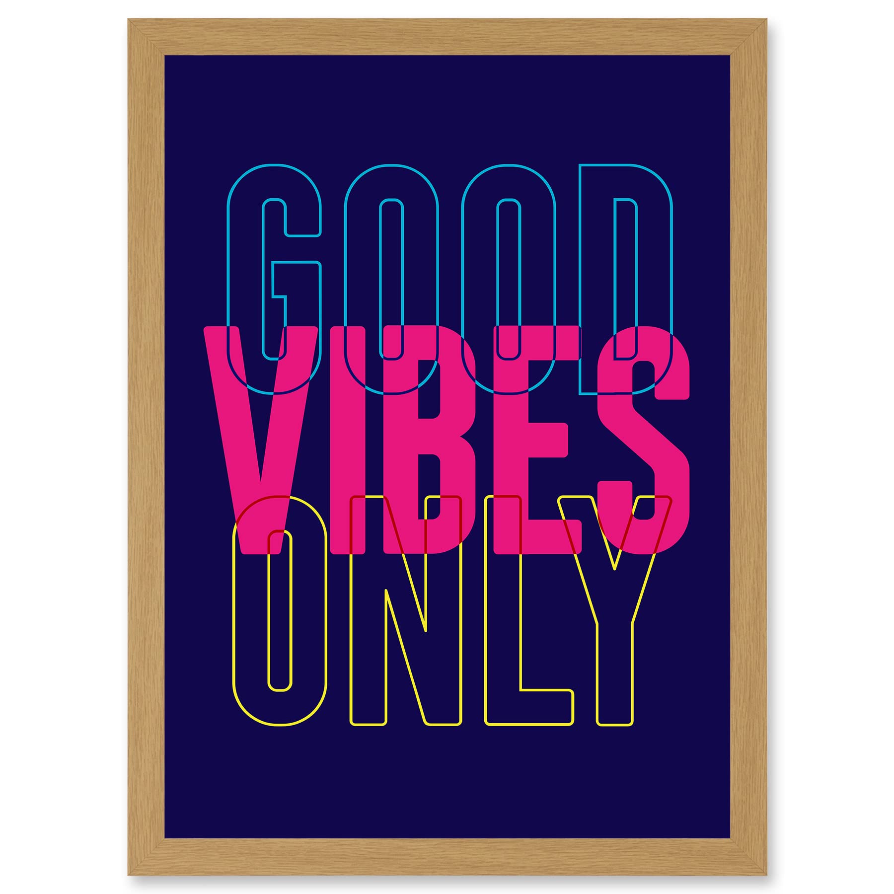 Artery8 "Good Vibes Only" Typography Framed Wall Art Print - A4 - Light Oak Frame