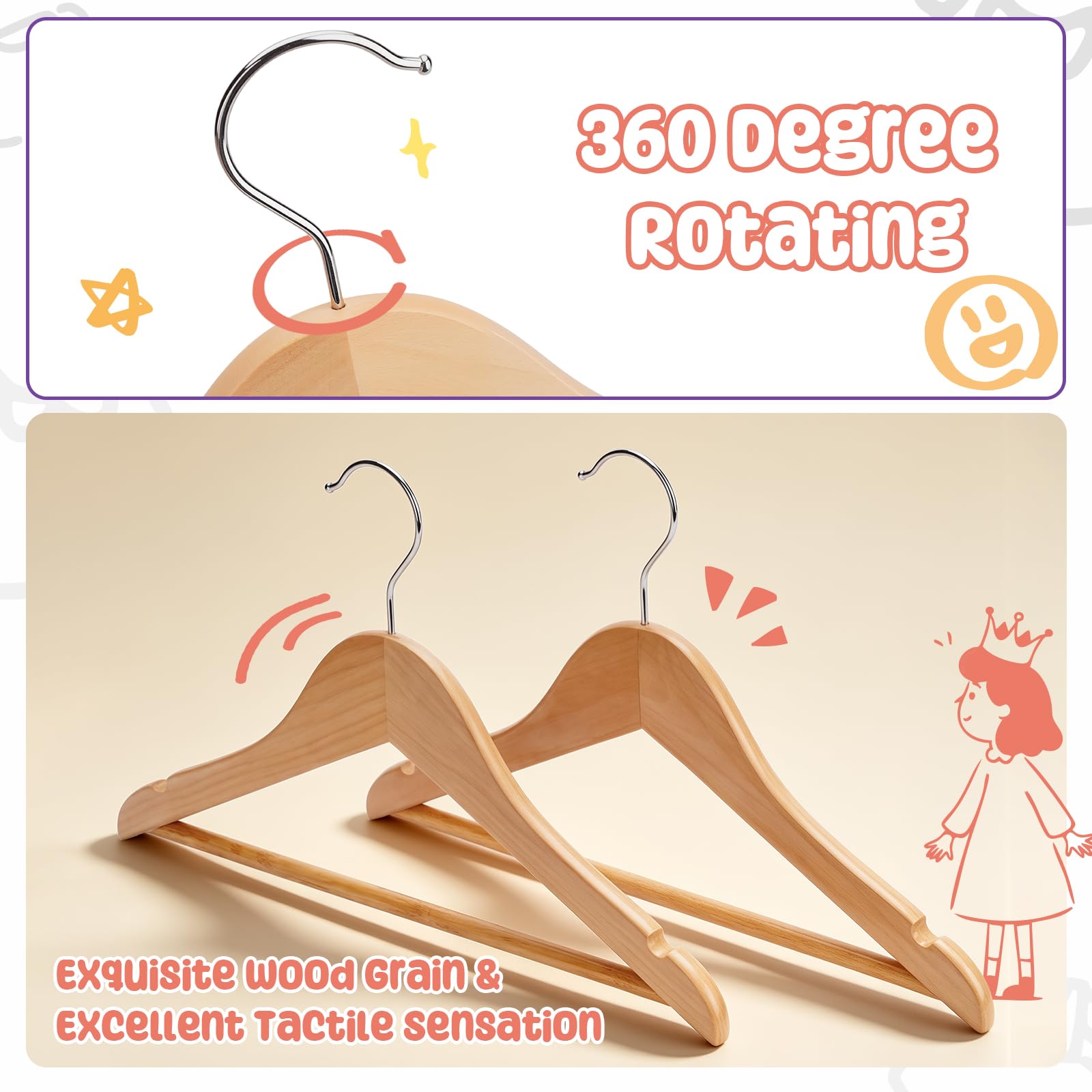 Perchas de madera para niños, paquete de 20 perchas de madera maciza para bebés, perchas para niños de 12.6 pulgadas con barra para pantalones, muescas de hombro, ganchos giratorios, para ropa