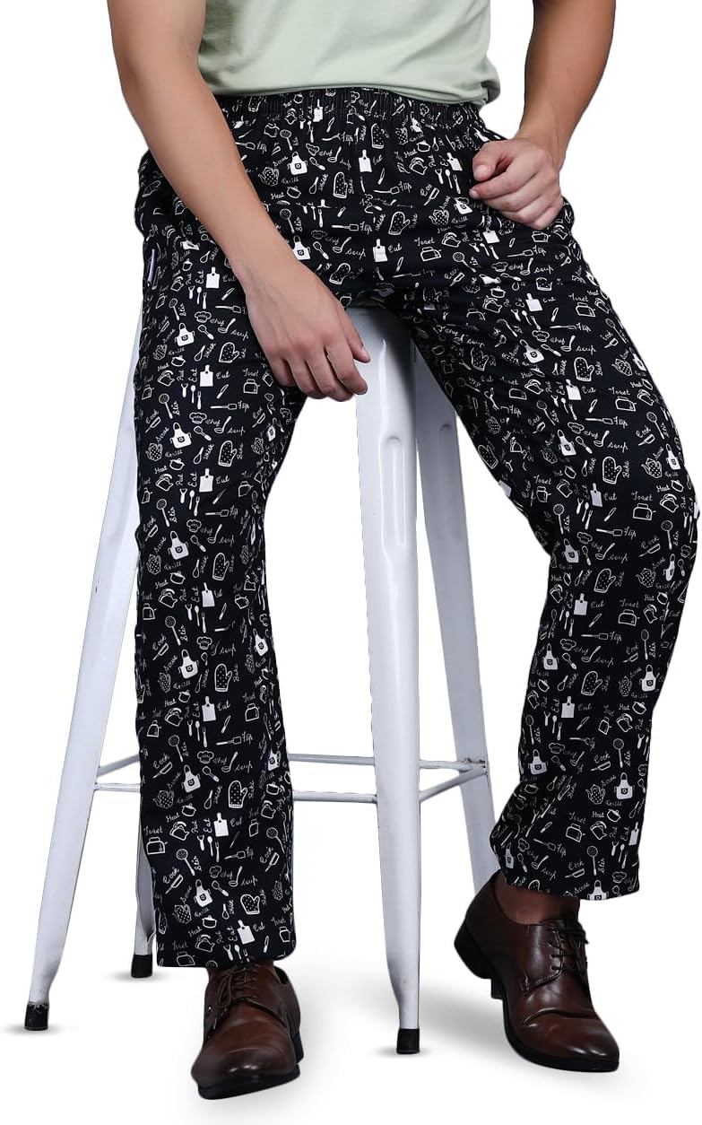 Unisex Printed 100% Cotton Men Women Chef Pants Trouser with Draw String for Food Service, Bakers and Culinary Professional