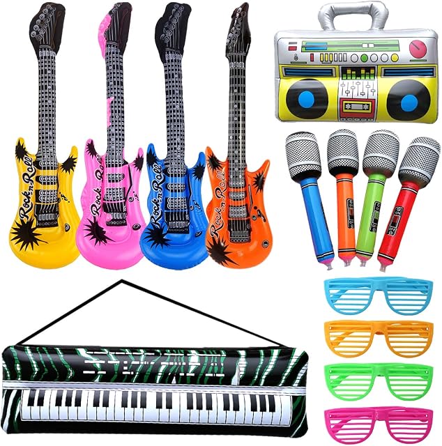 14Pcs Inflatable Guitar Party Decorations Favors, Inflatable Rock Star Balloon Set, Inflatable Party Supplies, Christmas Birthday Party Gifts, Party Props for Rock and Roll Theme 80s Party Decorations