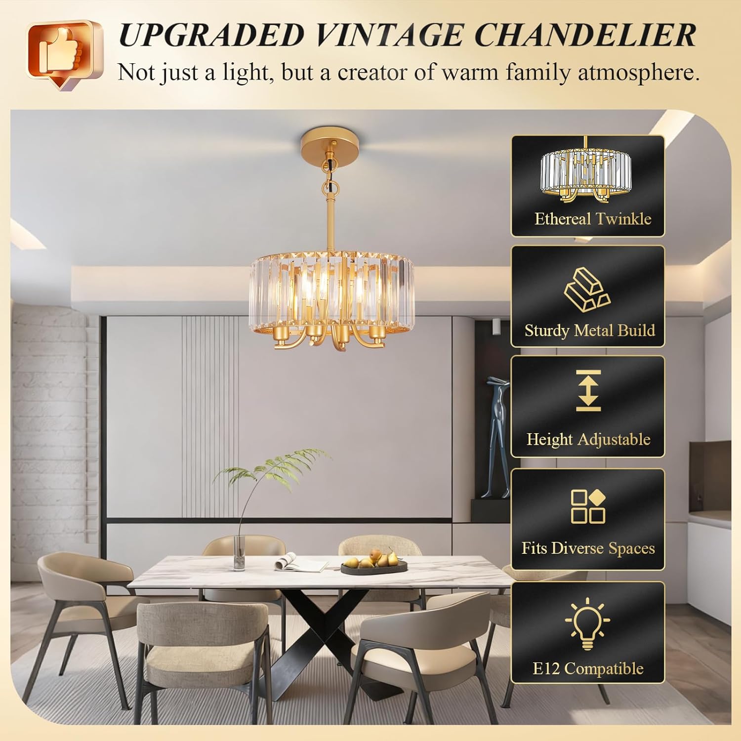 Gold Crystal Chandelier, 4-Light Candle Style Crystal Drum Chandelier, Modern Semi Flush Mount Ceiling Chandelier Light Fixtures for Dinning Room Living Room Kitchen Bedroom Hallway Entryway,11.6 Inch