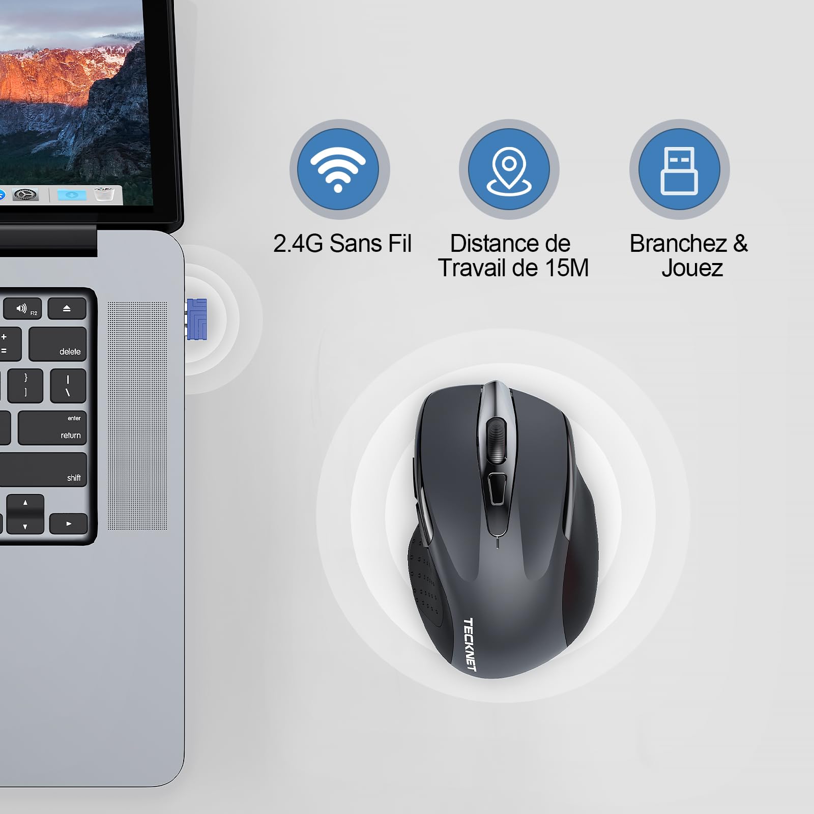 TECKNET Souris sans Fil Rechargeable Silencieuse 4800 DPI 6 Boutons Ergonomiques USB 2,4G Gris