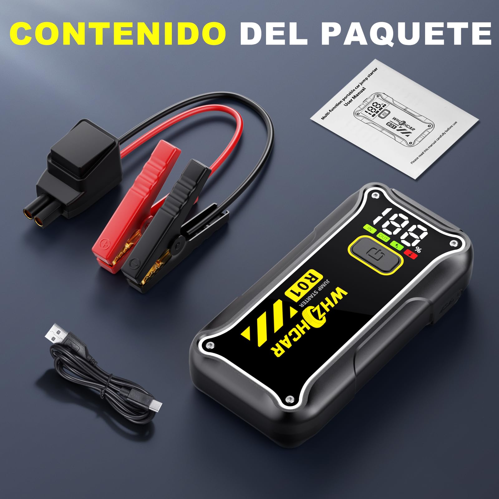 Arrancador de Coches 7000A 12V Arrancador de Baterias de Coche (para 10.0L de Gasolina o 8L de Diésel) Jump Starter Portátil con Linterna LED, USB Carga Rápida, Clips de Seguridad Inteligentes