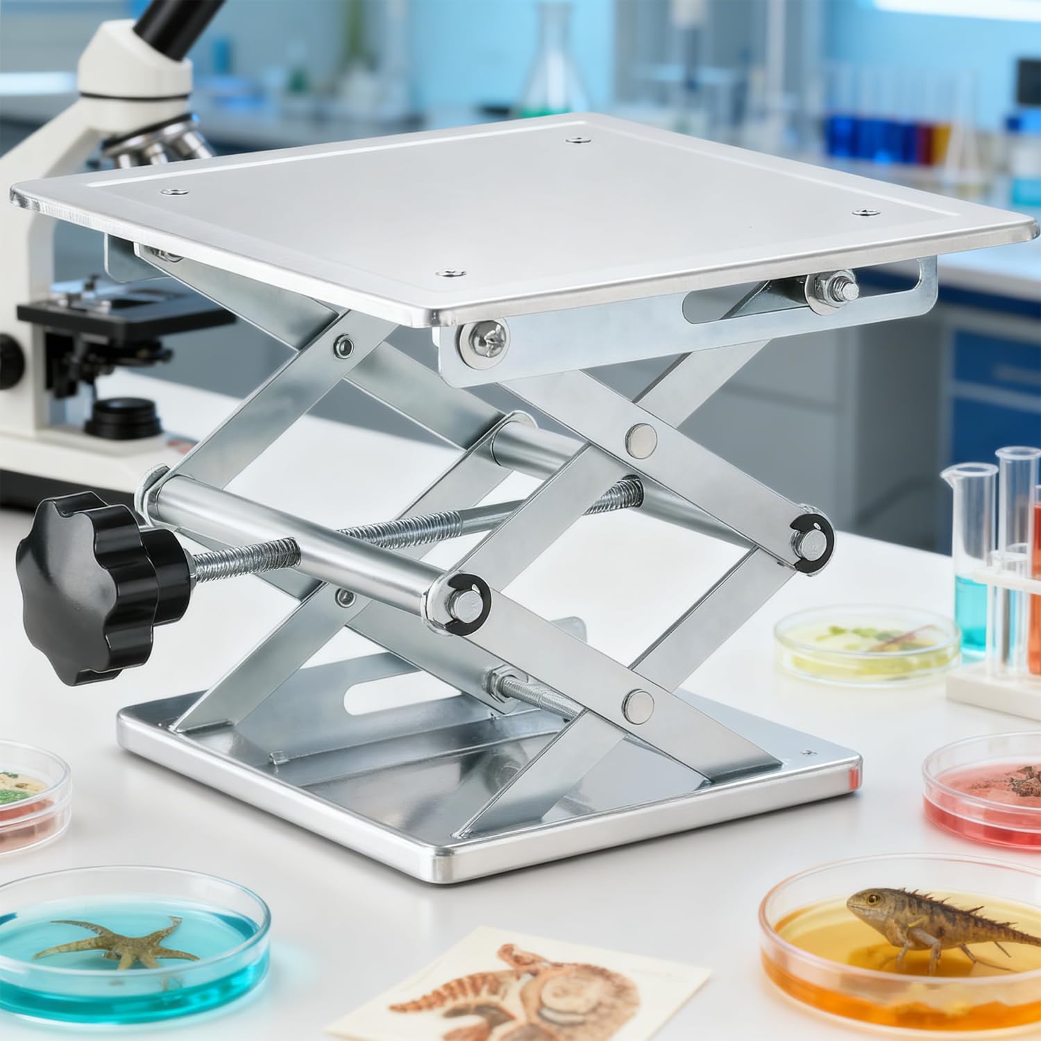 Table Élévatrice de Laboratoire en Acier Inoxydable 300 x 300 mm, Plate-Forme de Levage Manuelle, Hauteur Réglable de 90 à 460 mm, Capacité de Charge 25 kg, pour Expériences Précises
