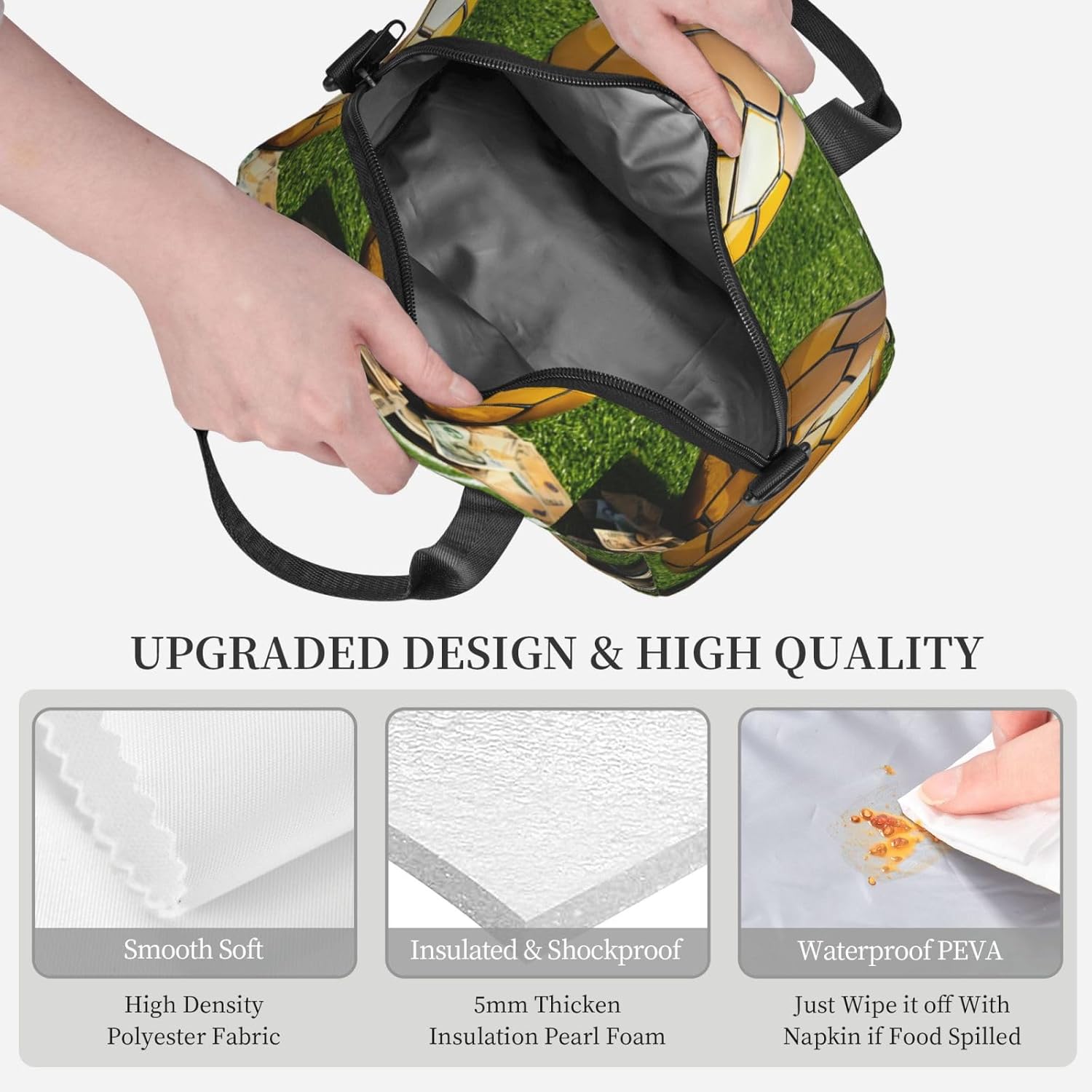 Soccer Print Reusable Lunch Bag Insulated Lunch Boxes for Office Work Picnic Tote Bag Adjustable