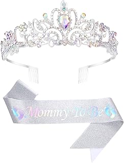 Mom to Be Baby Shower Decorations, Mom to Be Baby Shower Mommy to Be Sash and Tiara Set Mommy to Be Crown and Sash for Pregnant Mommy (Silver)