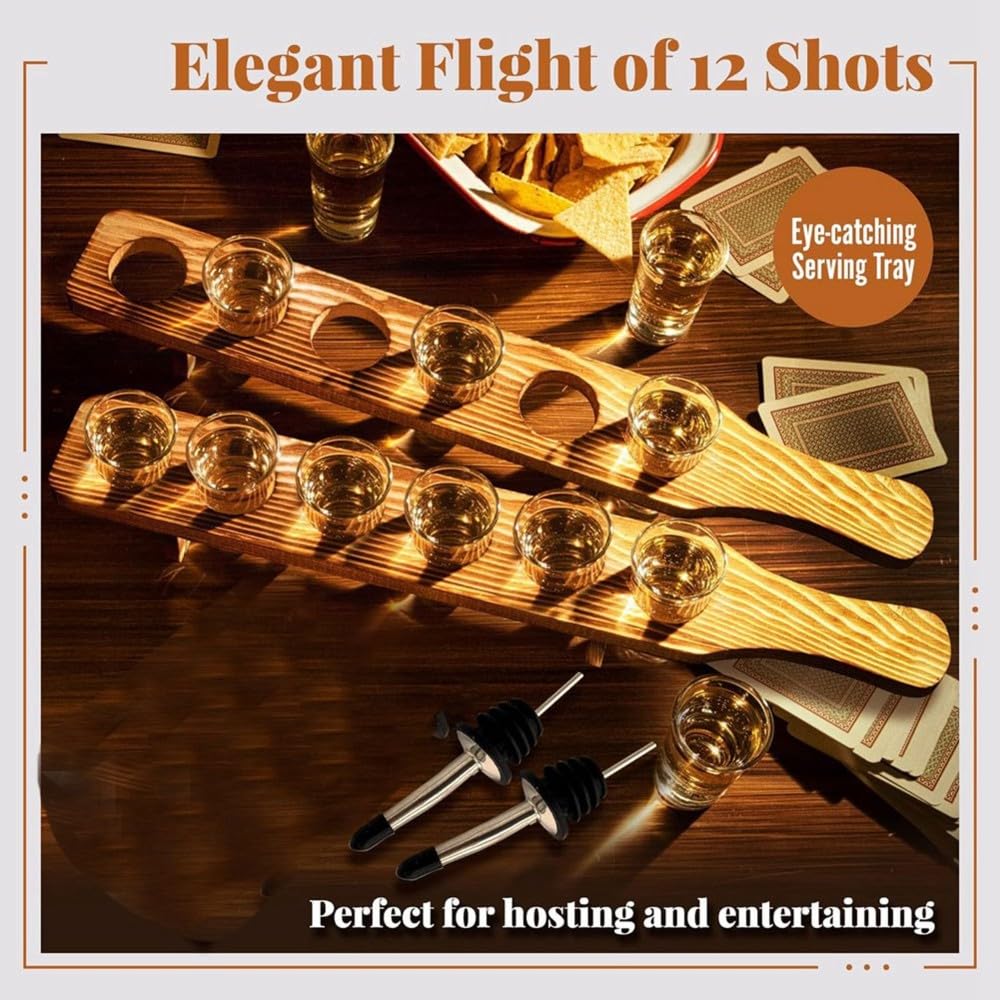 Ensemble de 12 Verres à Shot Transparents avec Plateau en Bois et Verseurs, Idéal pour la Tequila