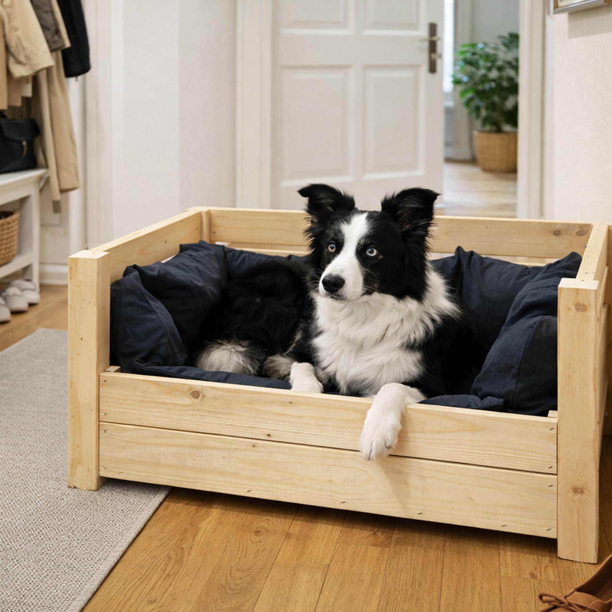 Kistenkolli Altes Land Hundebett Charly aus Massivholz 90 x 57 x 45 cm – Hundesofa aus Holz – Natur, Braun oder Geflammt – Optional mit Hundekissen – Stabil & einfache Selbstmontage (Natur)