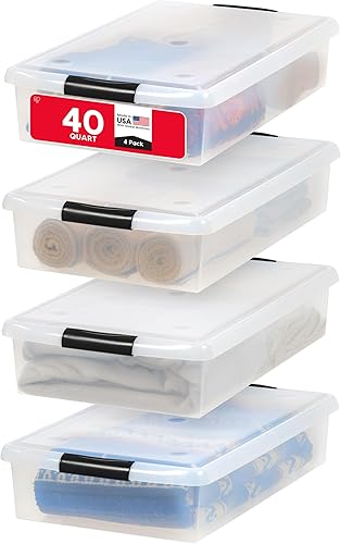 IRIS USA - Recipiente de almacenamiento de plástico para debajo de la cama de 40 cuartos con tapas y hebillas duraderas, paquete de 4, multiusos