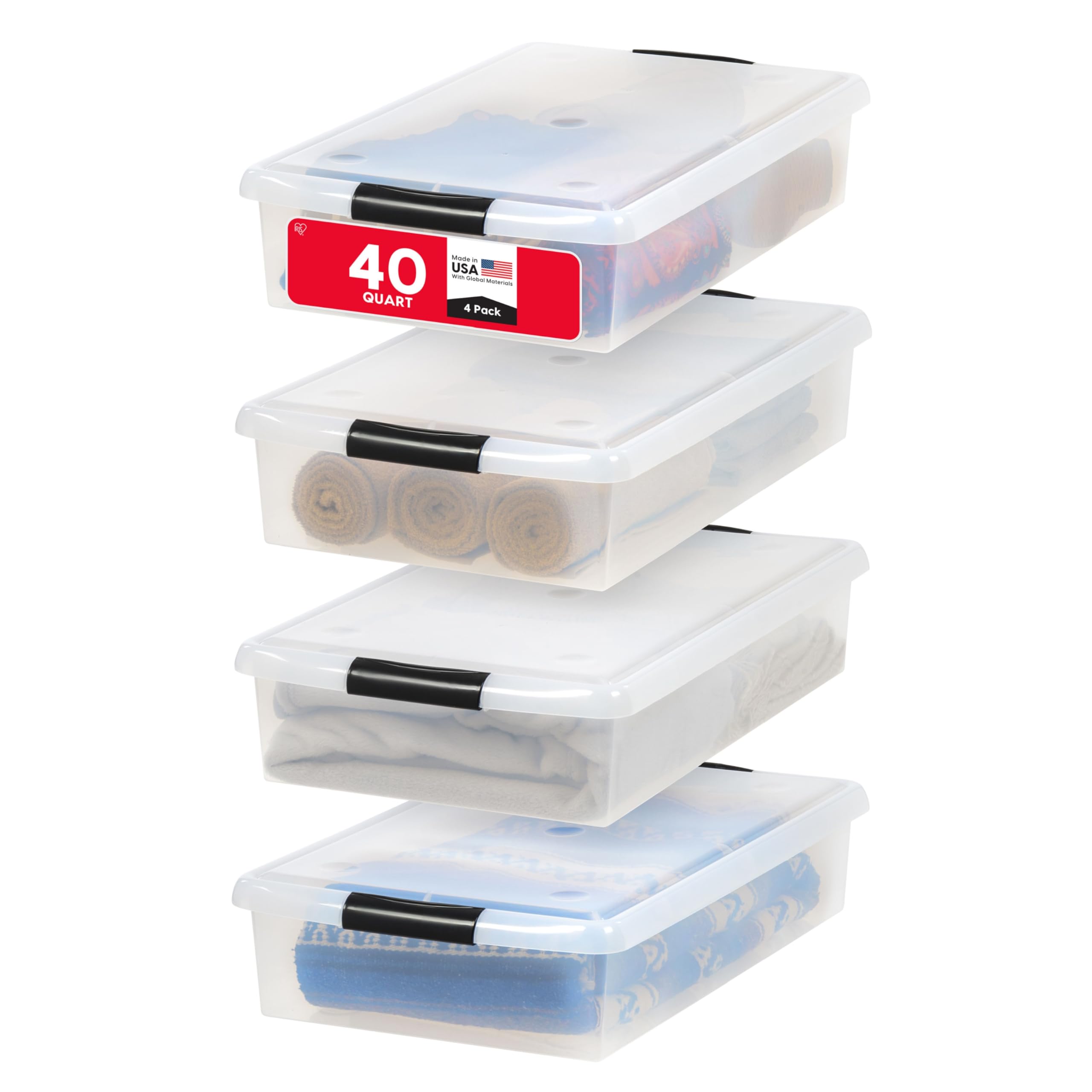 IRIS USA 40 Qt Plastic Under Bed Storage Nestable Organizer Bin Container with Secure Lids and Durable Buckles, 4-Pack, Under Bed Storage Containers for Clothes Shoes Bedding, Black/Clear