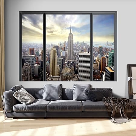 Murando 3d Illusion D Optique 210x150 Cm Papier Peint Intisse Tableaux Muraux Deco Vue Depuis La Fenetre Ville City New York Panorama Amazon Fr Cuisine Maison