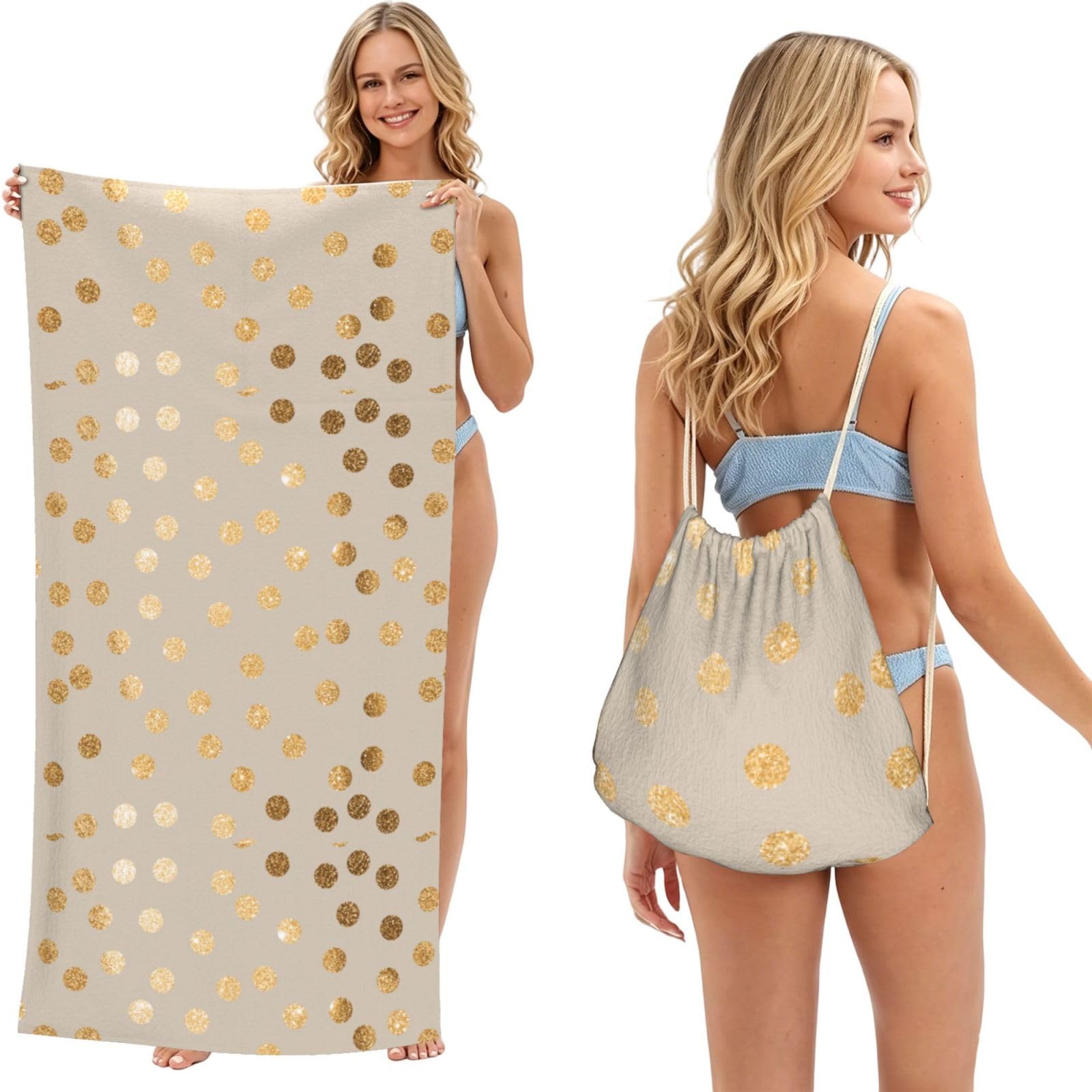 Poadnly As Picture Beige And Gold Glitter Polka Dot, 2 In 1 Packable Towel Bag, Beach Towels With Drawstring Backpack For Travel Holiday Camping