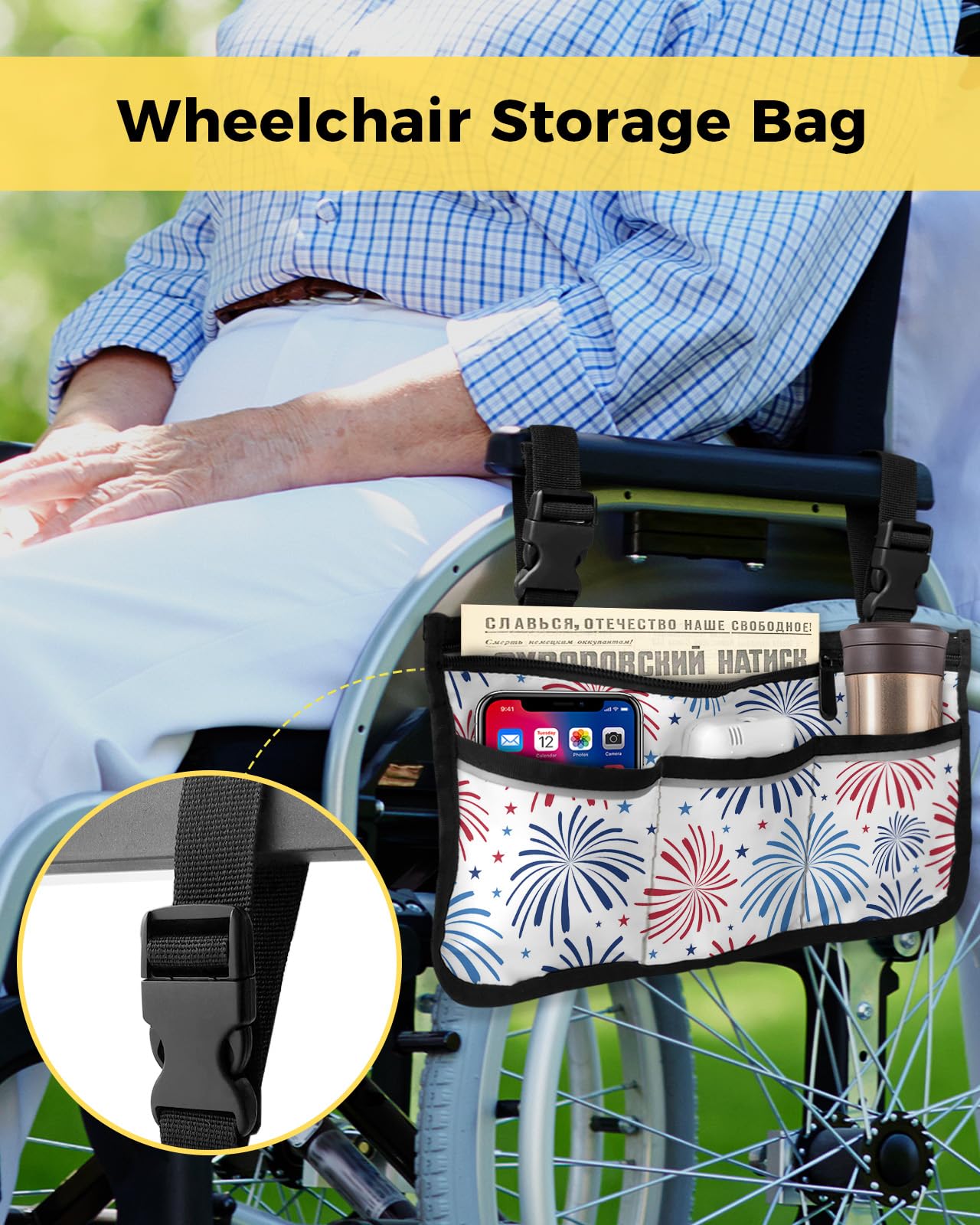 4th of July Wheelchair Side Bag Walker Bag, Colorful Fireworks Red Blue Independence Day Wheelchair Accessories Armrest Pouch, Organizer Storage Bag for Walkers, Rollators, Scooters, 7.3''x13''