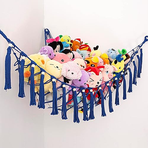 MAKEONEWO Hamaca de juguete de peluche colgante, hecha a mano, organizador grande de macramé azul, soporte de red de juguetes de peluche para