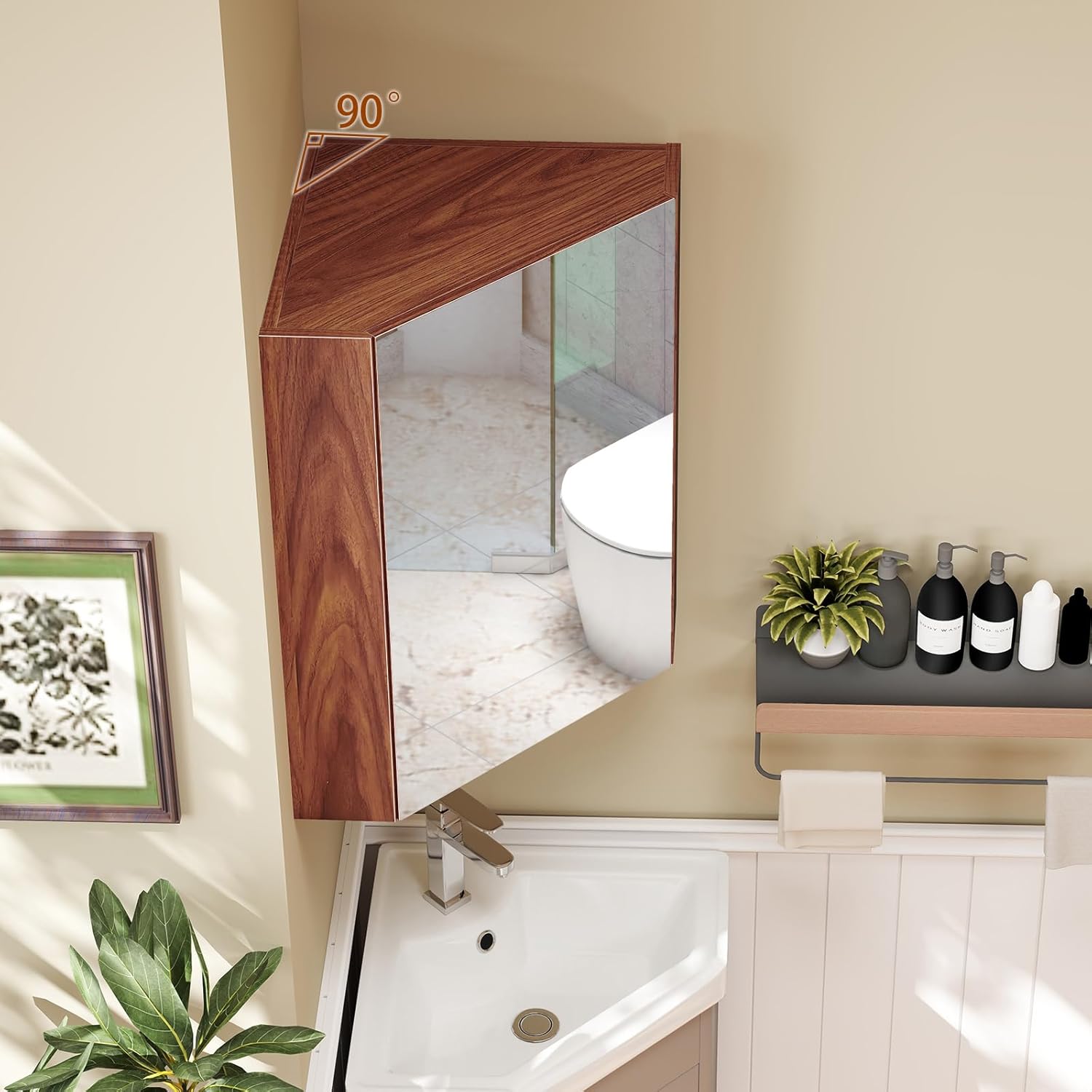 Tangkula Corner Medicine Cabinet with Mirror, 23.5" Wall Mounted Storage Cabinet Organizer with Left/Right Open Mirror Door & Adjustable Shelf, Small Bathroom Corner Cabinet for Small Spaces (Brown)