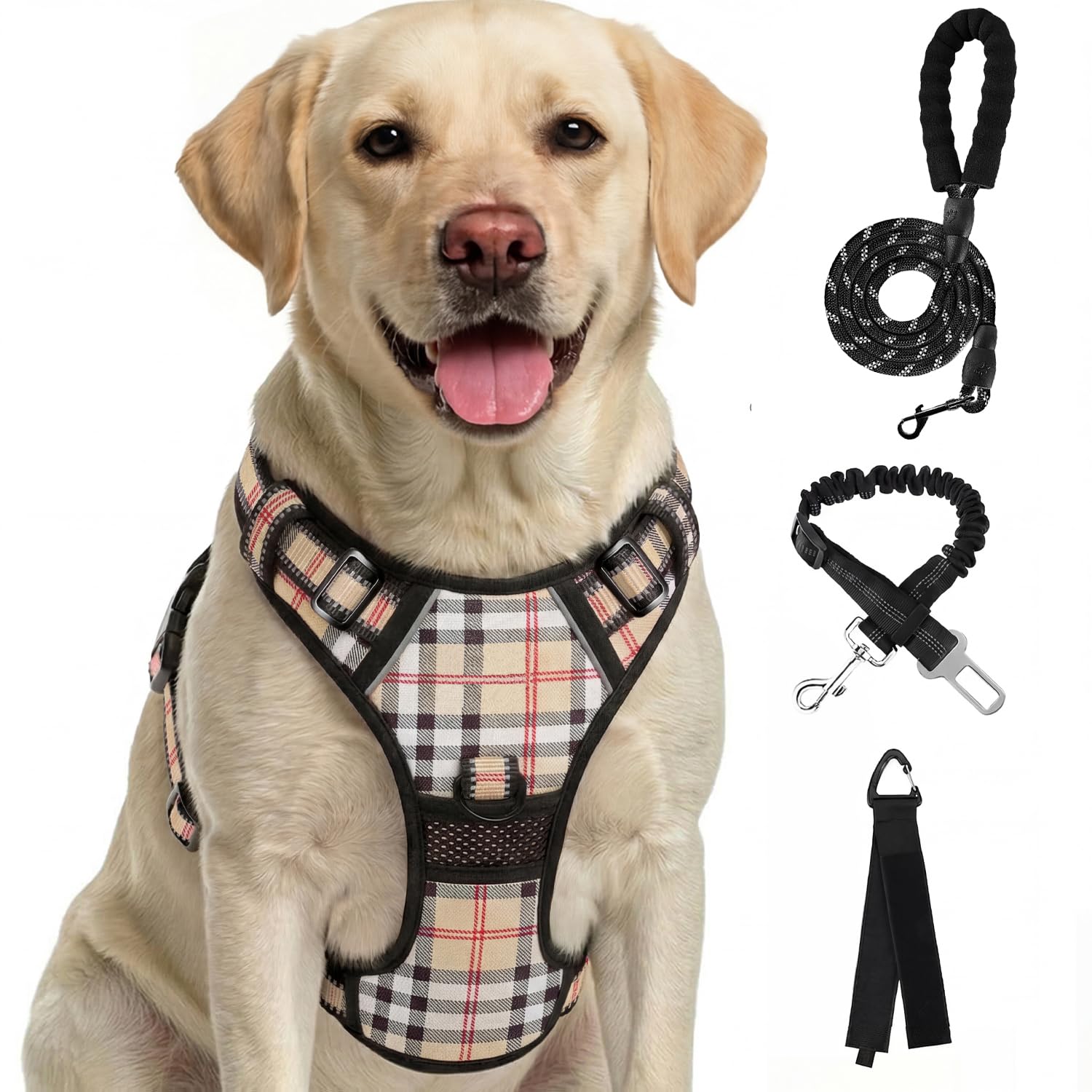 FURRYFECTION Plaid Dog Harness for Large Dogs, Reflective No Pull Adjustable Pet Vest with Front Clip, Leash, Easy Control Handle and Seat Belt, Beige