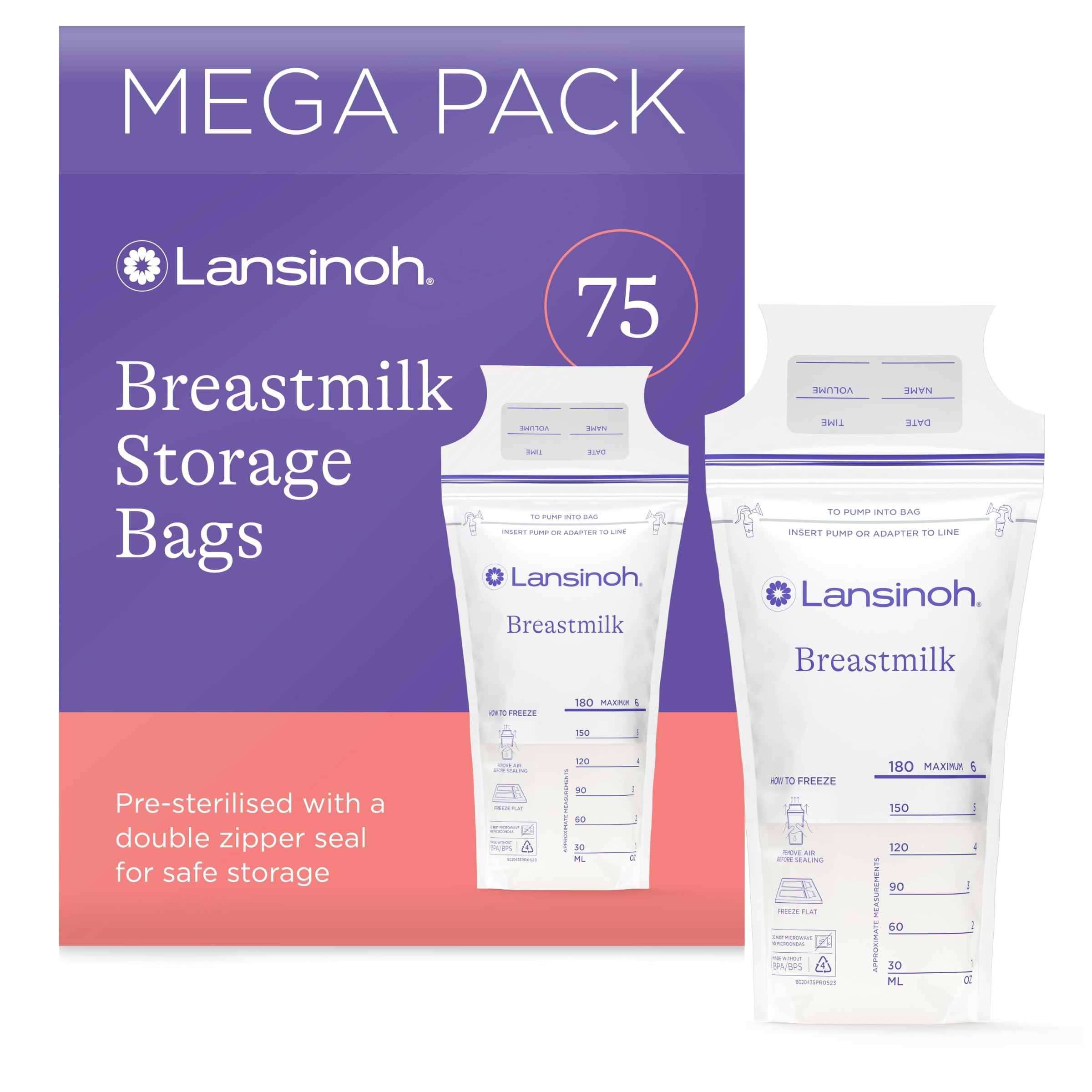 Breast Milk Storage Bags - Pre-Sterilised, Leakproof & BPA/BPS-Free - Fridge & Freezer Breastmilk Pouches - Pump into Bag with Lansinoh Breast Pumps - Breastfeeding Essentials - 75 Pack
