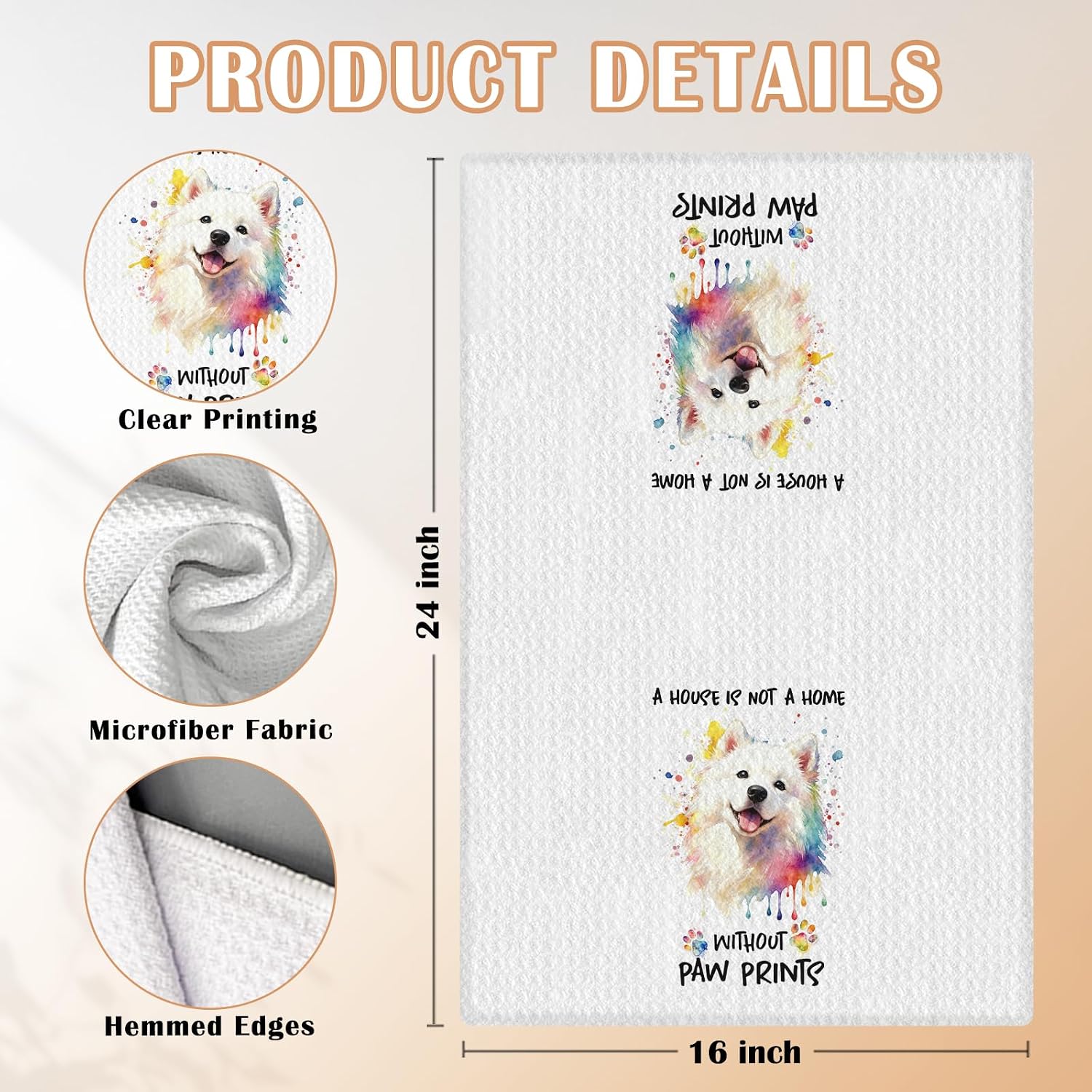 Watercolor Samoyed Kitchen Towels, Samoyed Gifts, A House is Not a Home Without Paw Prints Decorative Hand Tea & Dish Towels for Bathroom Kitchen, 16x24 Inch image 3