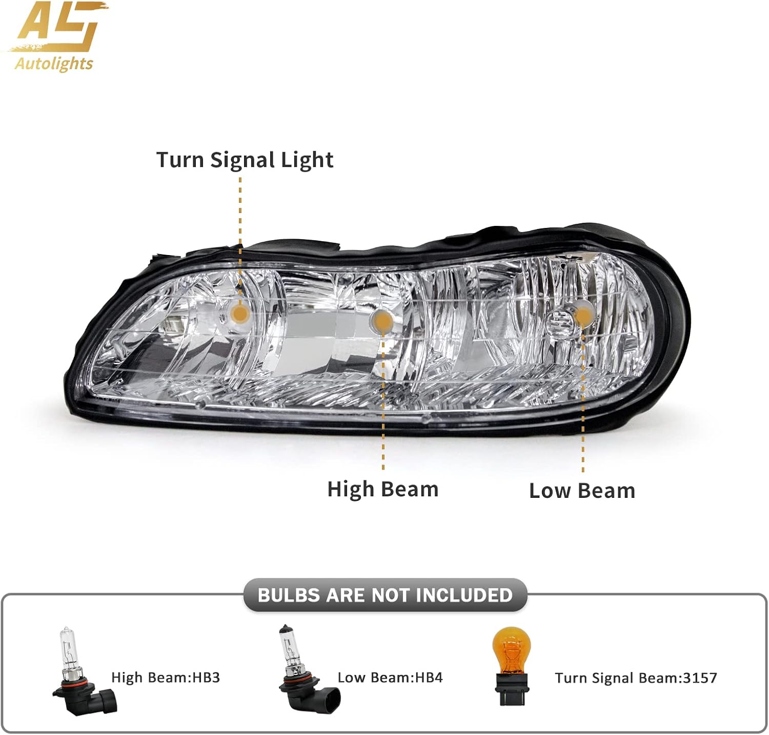 AS Headlight Assembly For 1997 1998 1999 2000 2001 2002 2003 Chevy Malibu /2004 2005 Chevy Classic/1997 1998 1999 Oldsmobile Cutlass Headlights Headlamp Chrome Housing Passenger and Driver Side