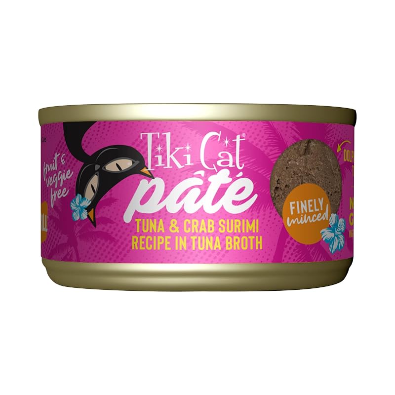 Ração úmida para gatos Tiki Cat Grill com atum e surimi de caranguejo, 12 latas de 79 g