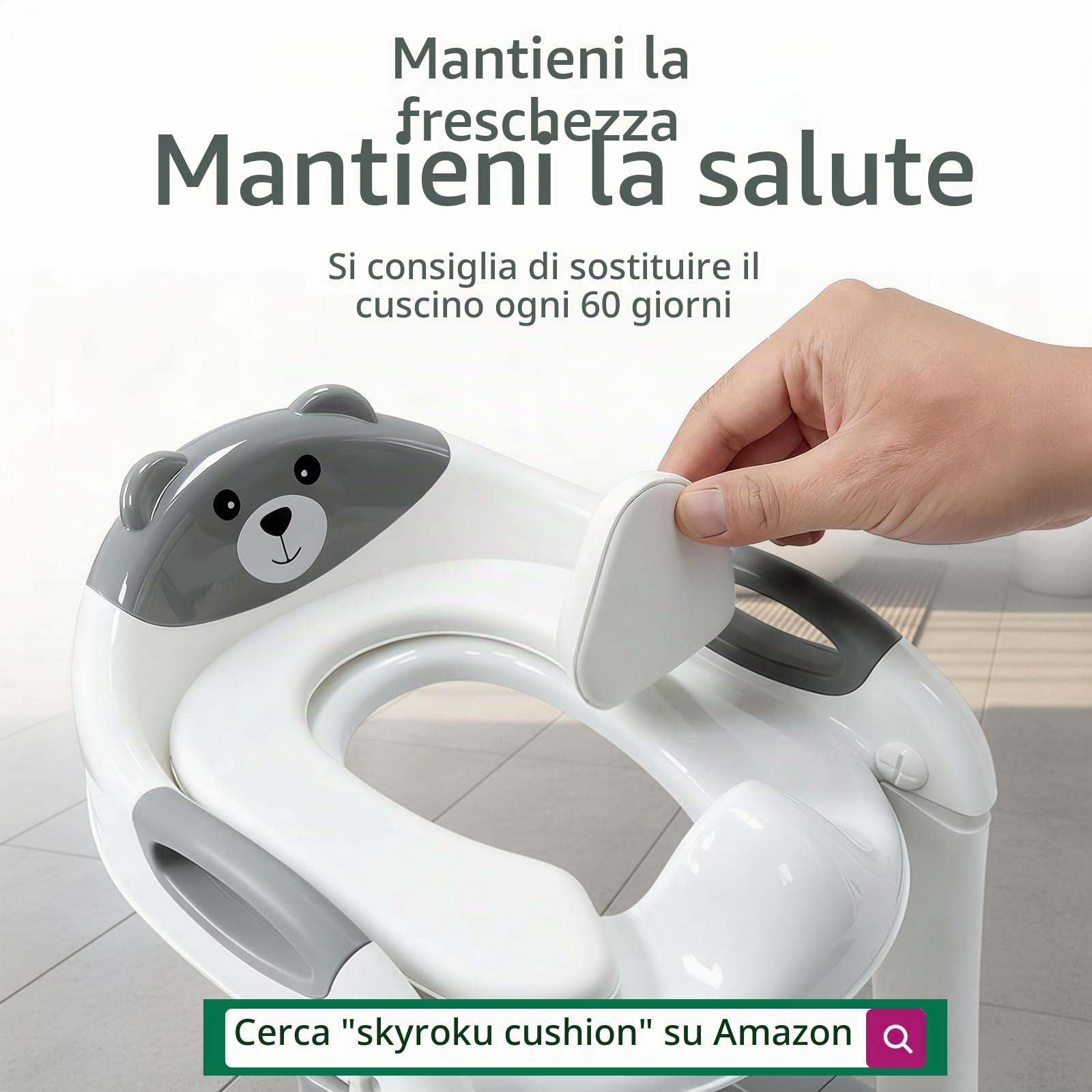 SKYROKU - Riduttore per WC 2 in 1 con base stabile a settore, per bambini, con paraschizzi, cuscinetto antiscivolo e scaletta, grigio smaltato