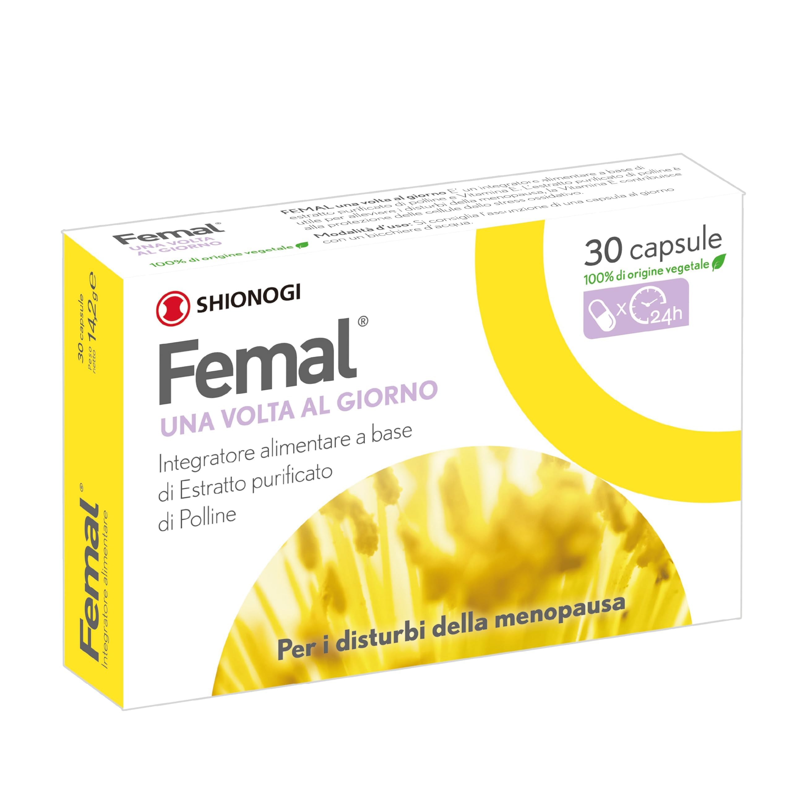 Femal Menopausa 30 Capsule di origine Vegetali, Integratore Naturale Non Ormonale per Vampate, Sbalzi d'Umore, Disturbi Sonno, Sudorazioni notturne e Stanchezza, Estratto Polline e Vitamina E